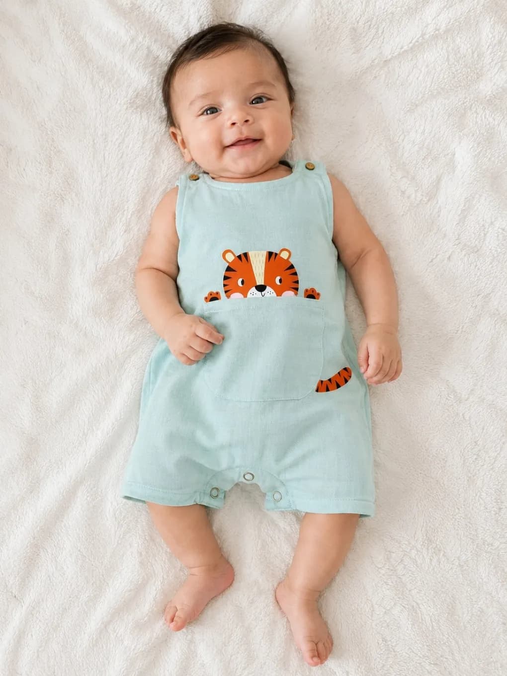 Crinkled Muslin Sleevless Romper Tiger Print 