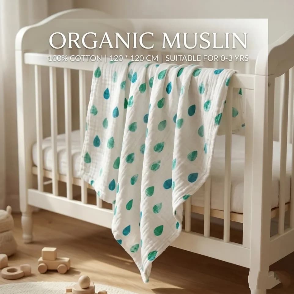 6L Ultra Soft Organic Muslin Blanket 120*120cm - Green Drops