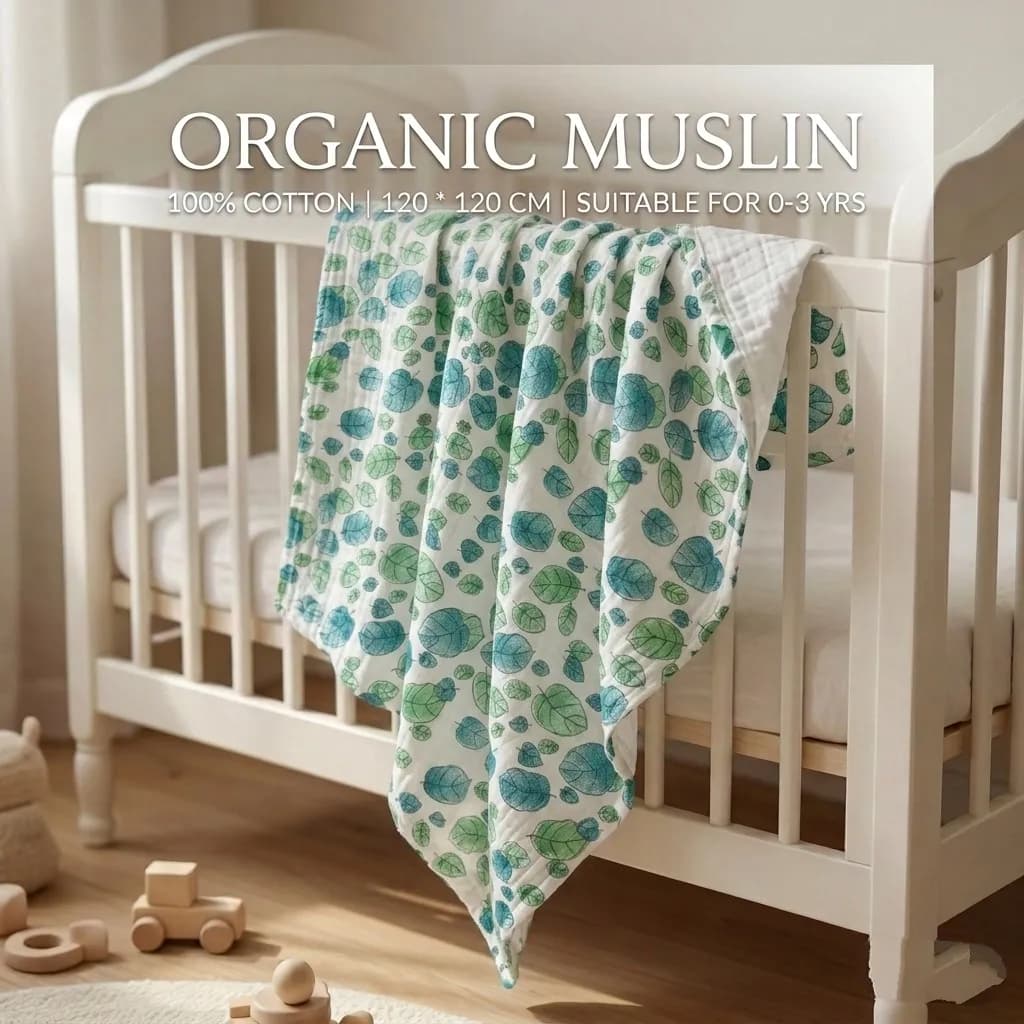 6L Ultra Soft Organic Muslin Blanket 120*120cm - Green Leaves