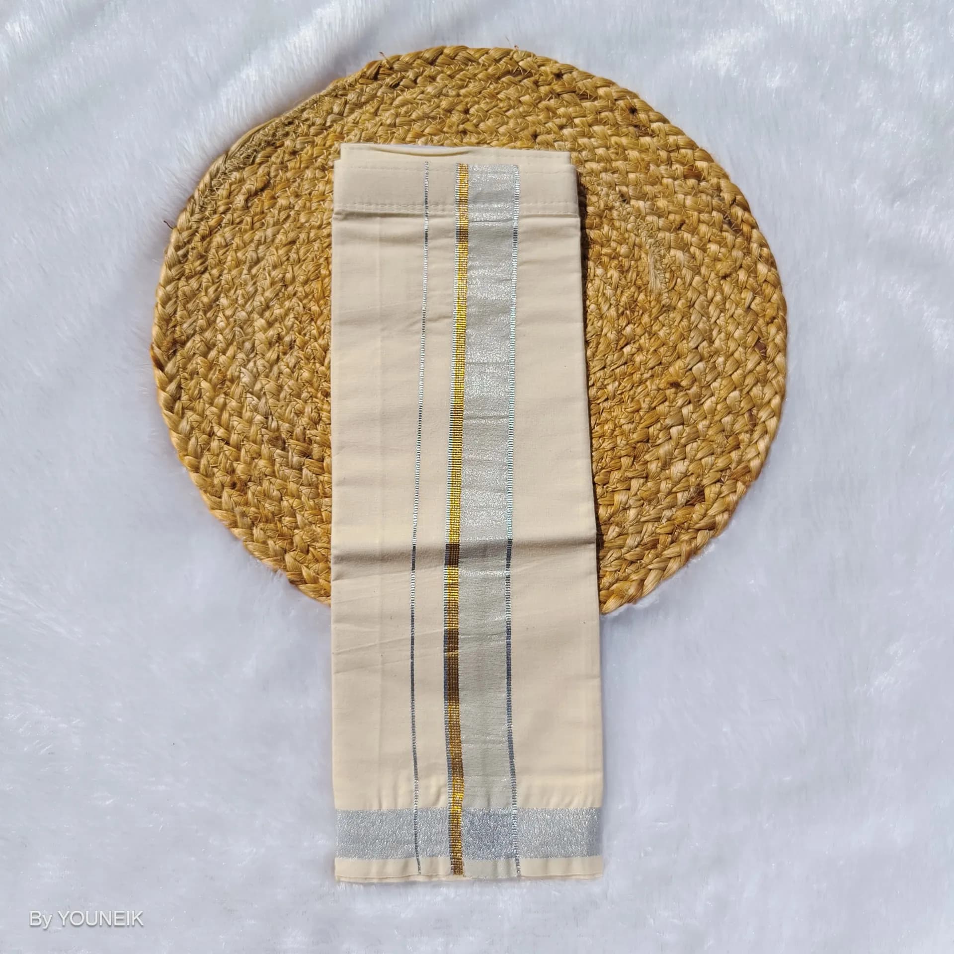 Baby velcro Dhothi | Vesti | Mundu | Ivory Gold Silver Boarder