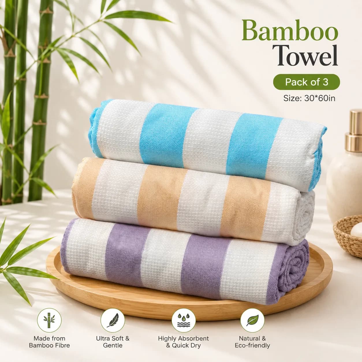 Bamboo Cotton Bath Towels Pack of 3 | Ultra Soft, Highly Absorbent & Quick Dry | 30 x 60 Inch