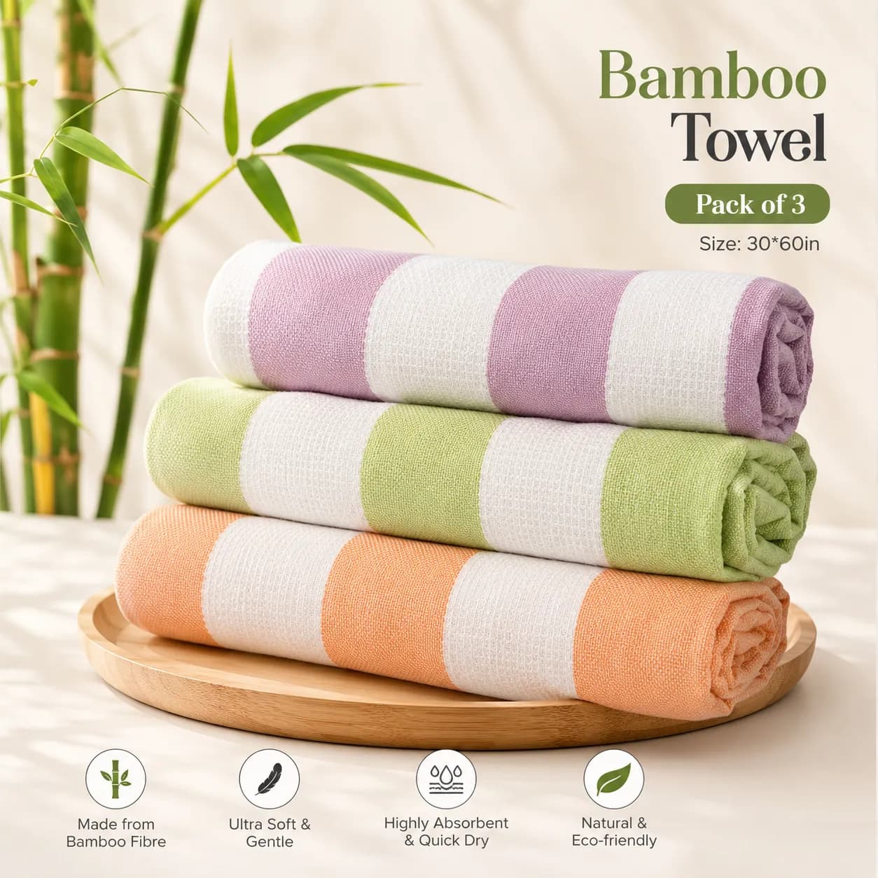 Bamboo Cotton Bath Towels Pack of 3 | Ultra Soft, Highly Absorbent & Quick Dry | 30 x 60 Inch