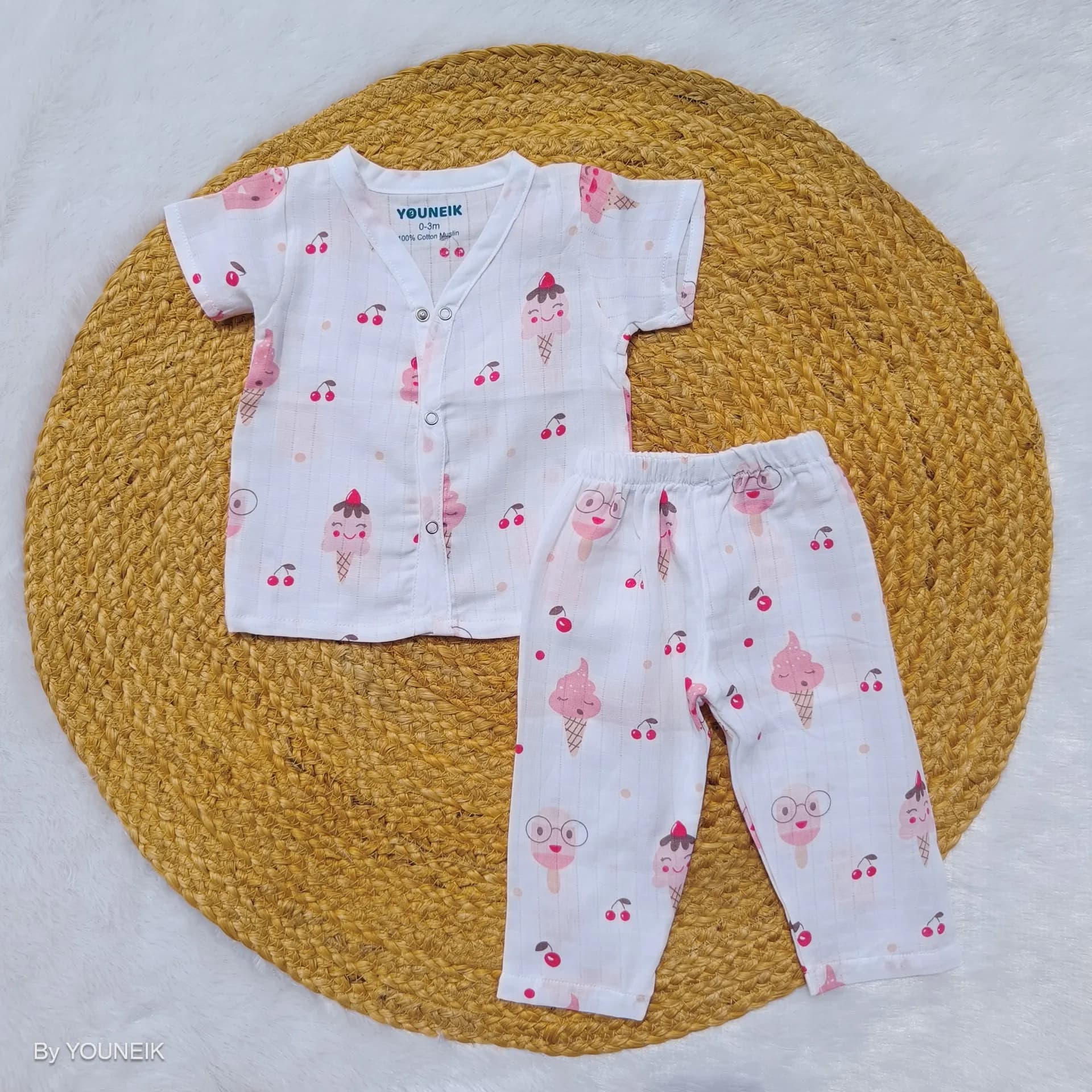0-3m Muslin Cotton Half Sleeve Pyjama Set | Soft & Breathable