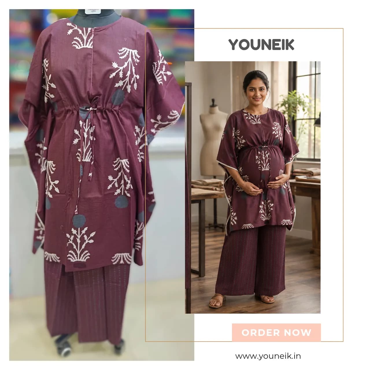 Feeding Friendly Kaftan Co-Ord Set | Cotton Kaftan Top with Palazzo Pants- Maroon