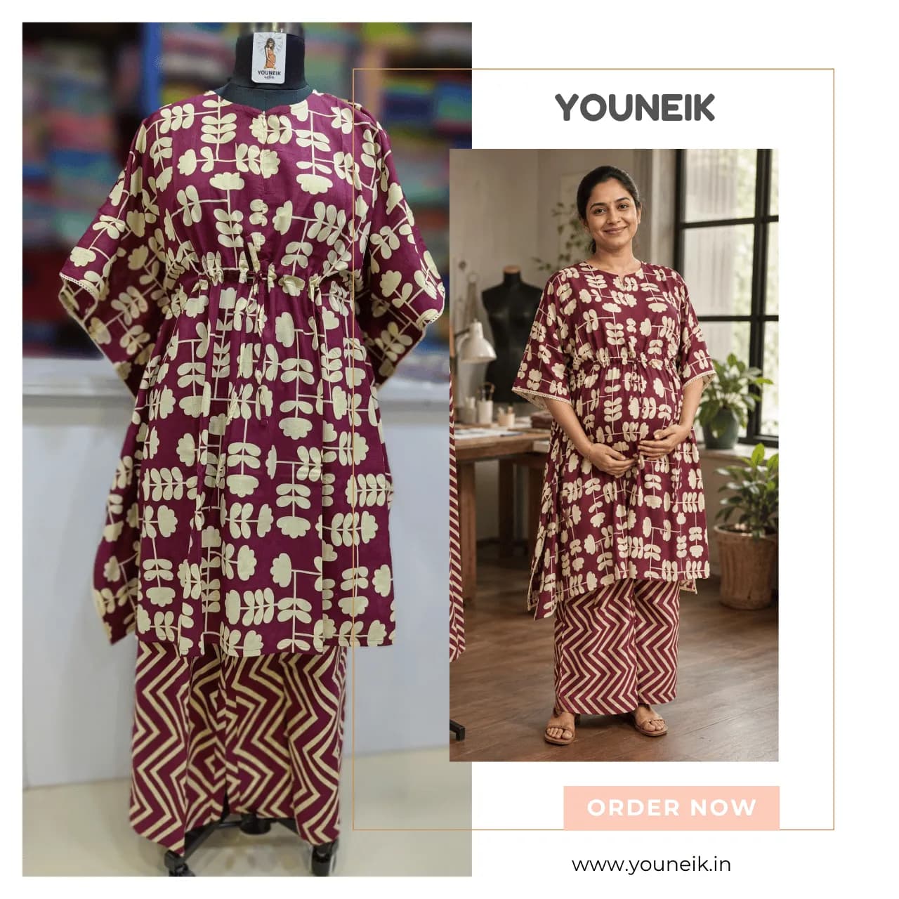 Feeding Friendly Kaftan Co-Ord Set | Cotton Kaftan Top with Palazzo Pants- Maroon White Flower 