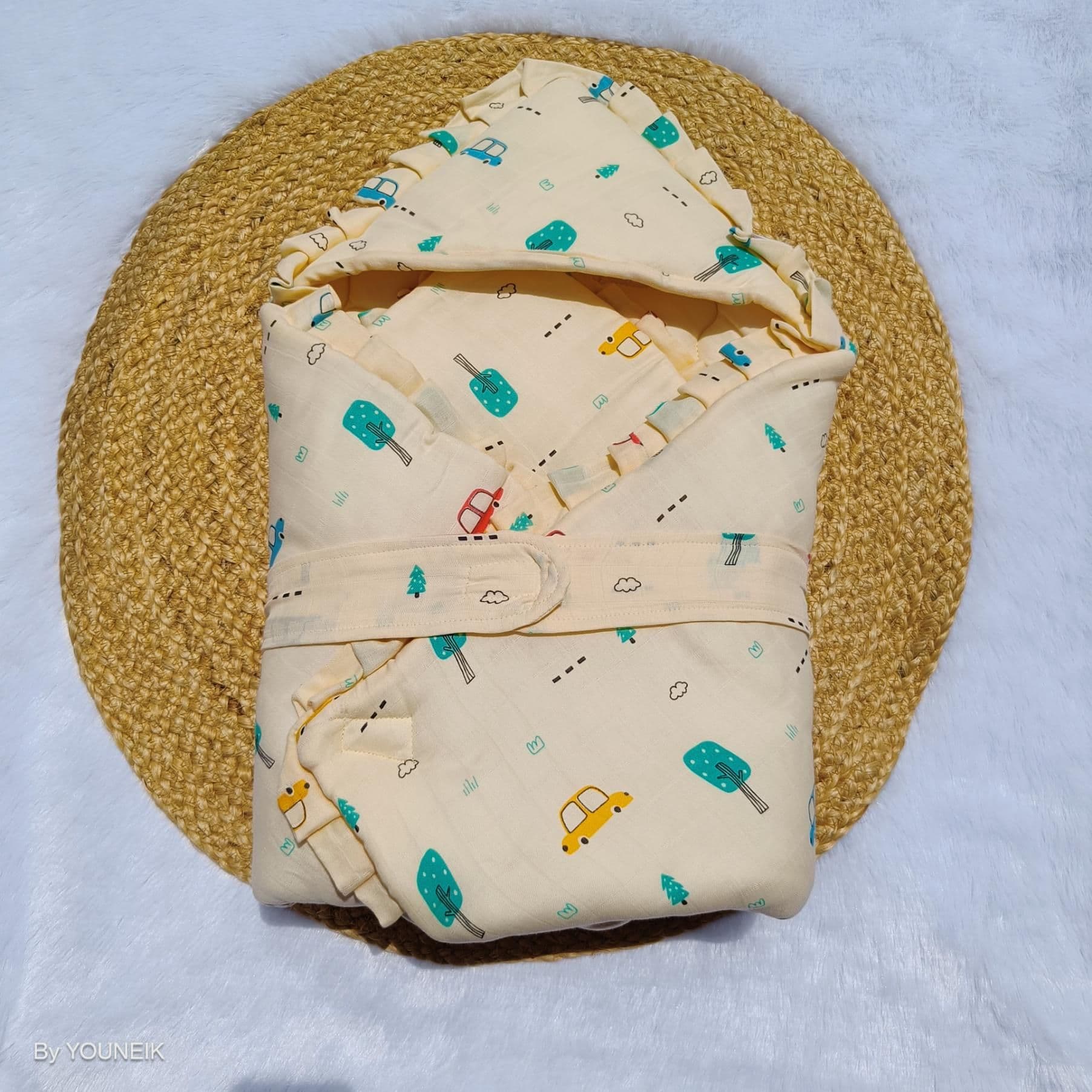 100% Organic Muslin Cotton Baby Wrap Bed with Hood & Belt - Orange Car Tree