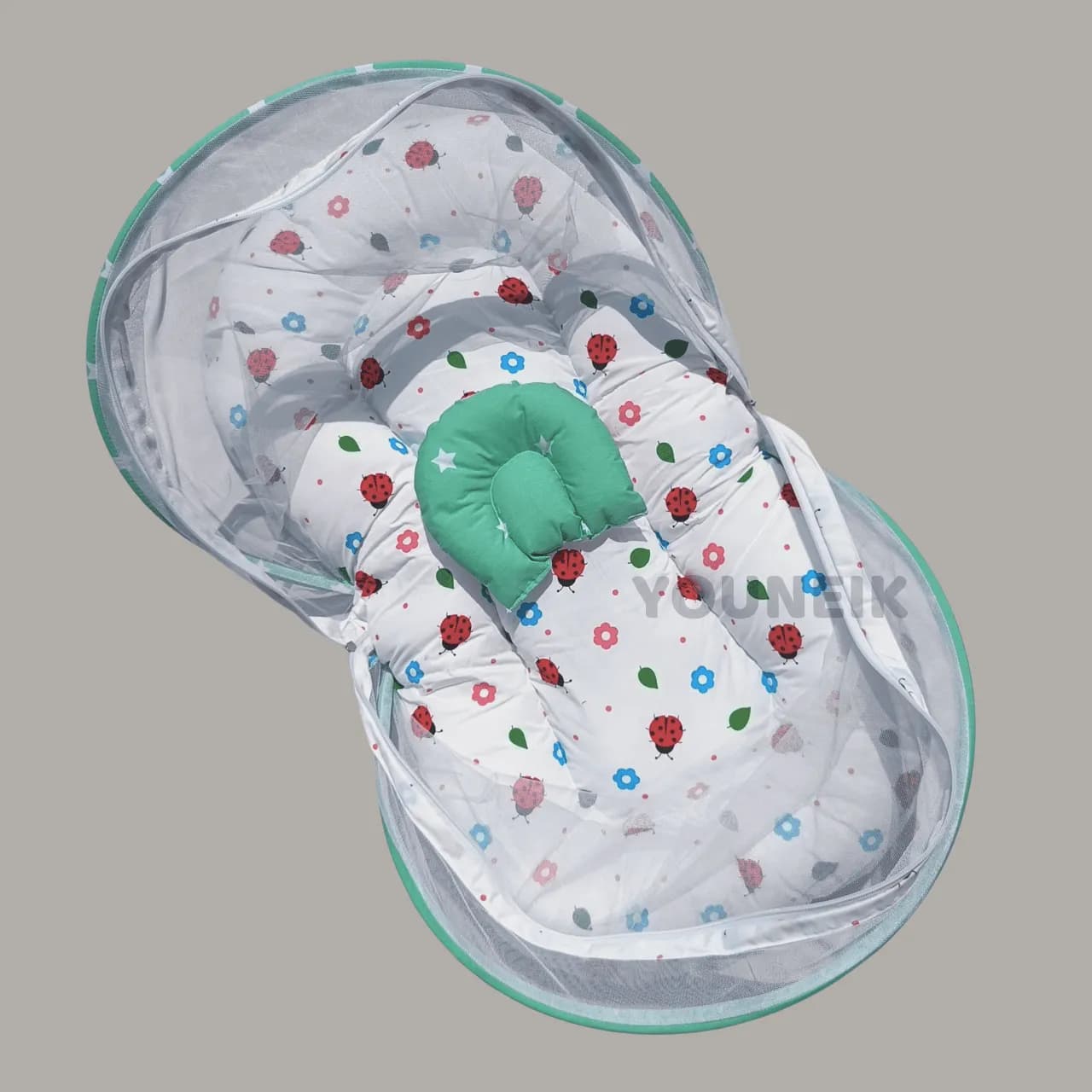 Small Mosquito Net Bed with Head Pillow for Baby - Green Lady bugs