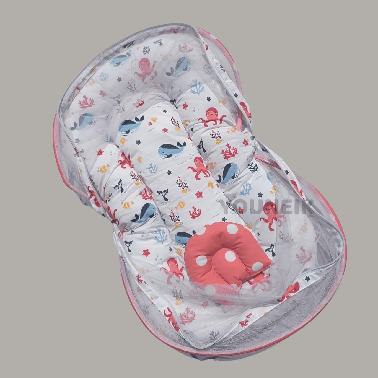 Small Mosquito Net Bed with Head Pillow for Baby - Peach Sea Animals
