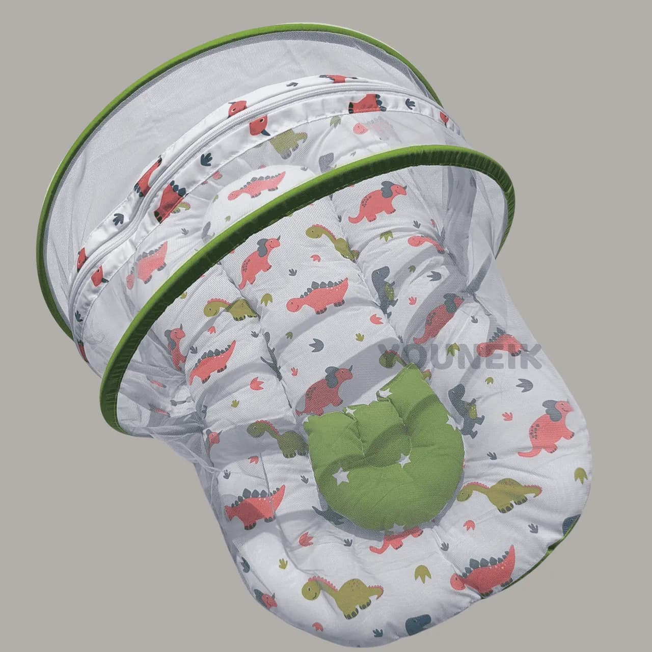 Small Mosquito Net Bed with Head Pillow for Baby - Green Dinosaur