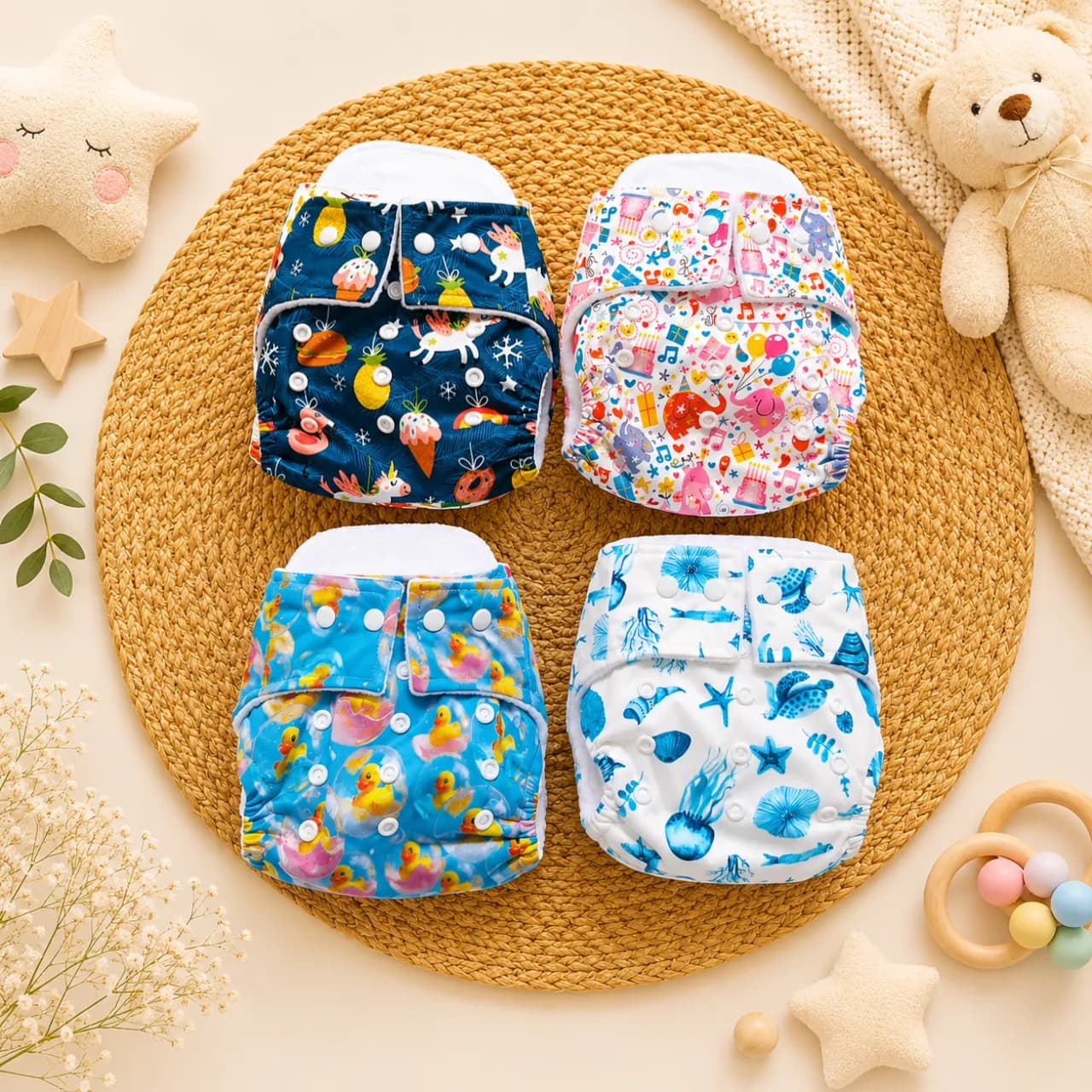 Fluffy Reusable Cloth Diaper 3m-24m | Four Pieces | Unicorn Combo