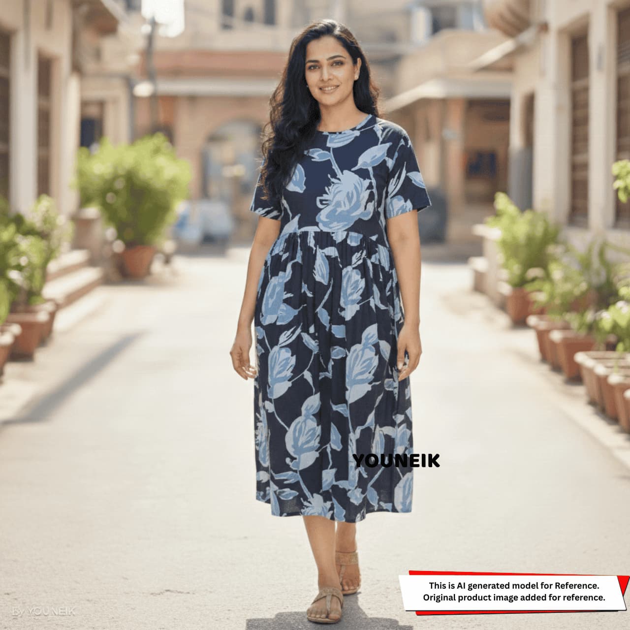 Zipless Feeding Gown - Navy Blue White Flower ZG011 