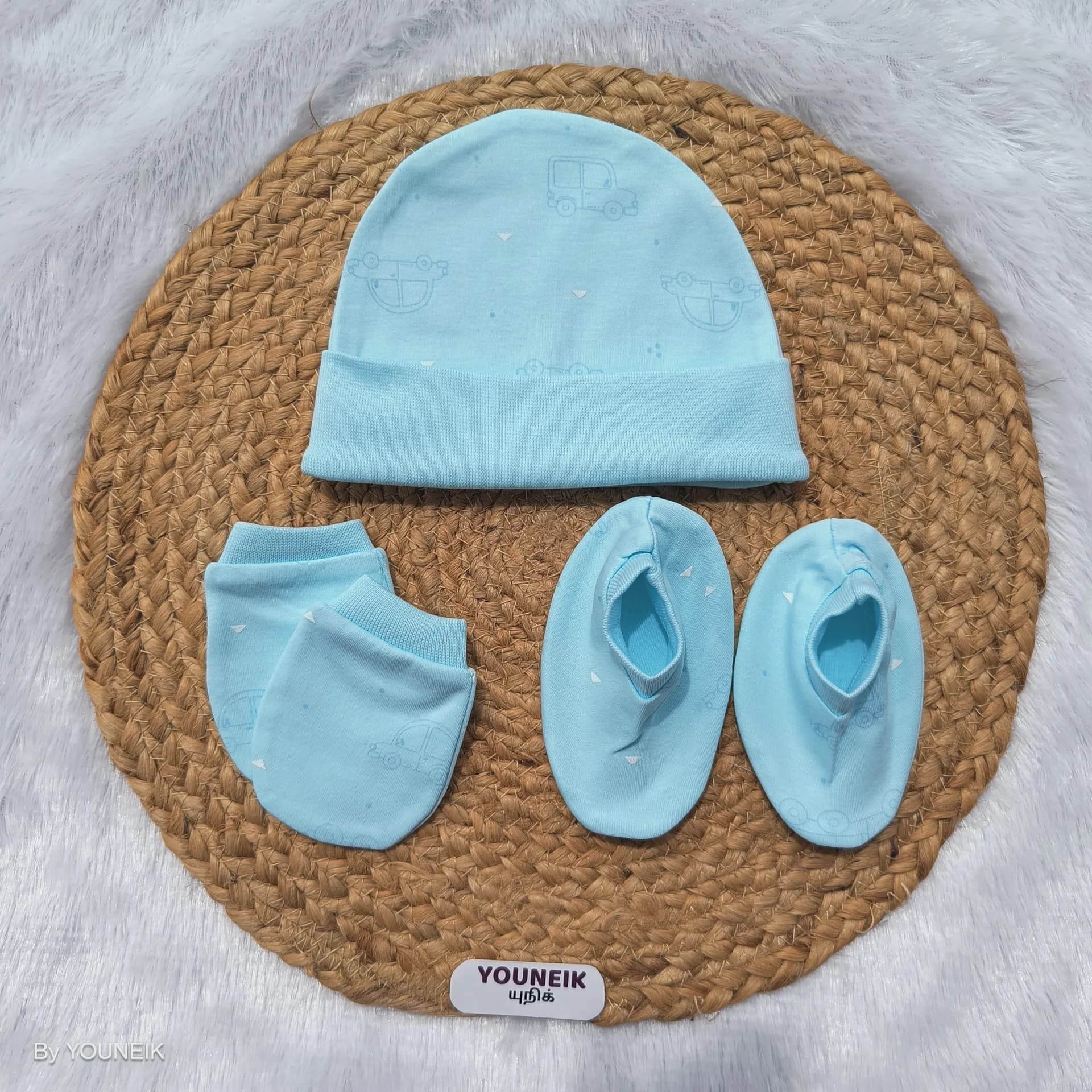 Cotton Cap Mittens Booties 0-3m |  Blue Car