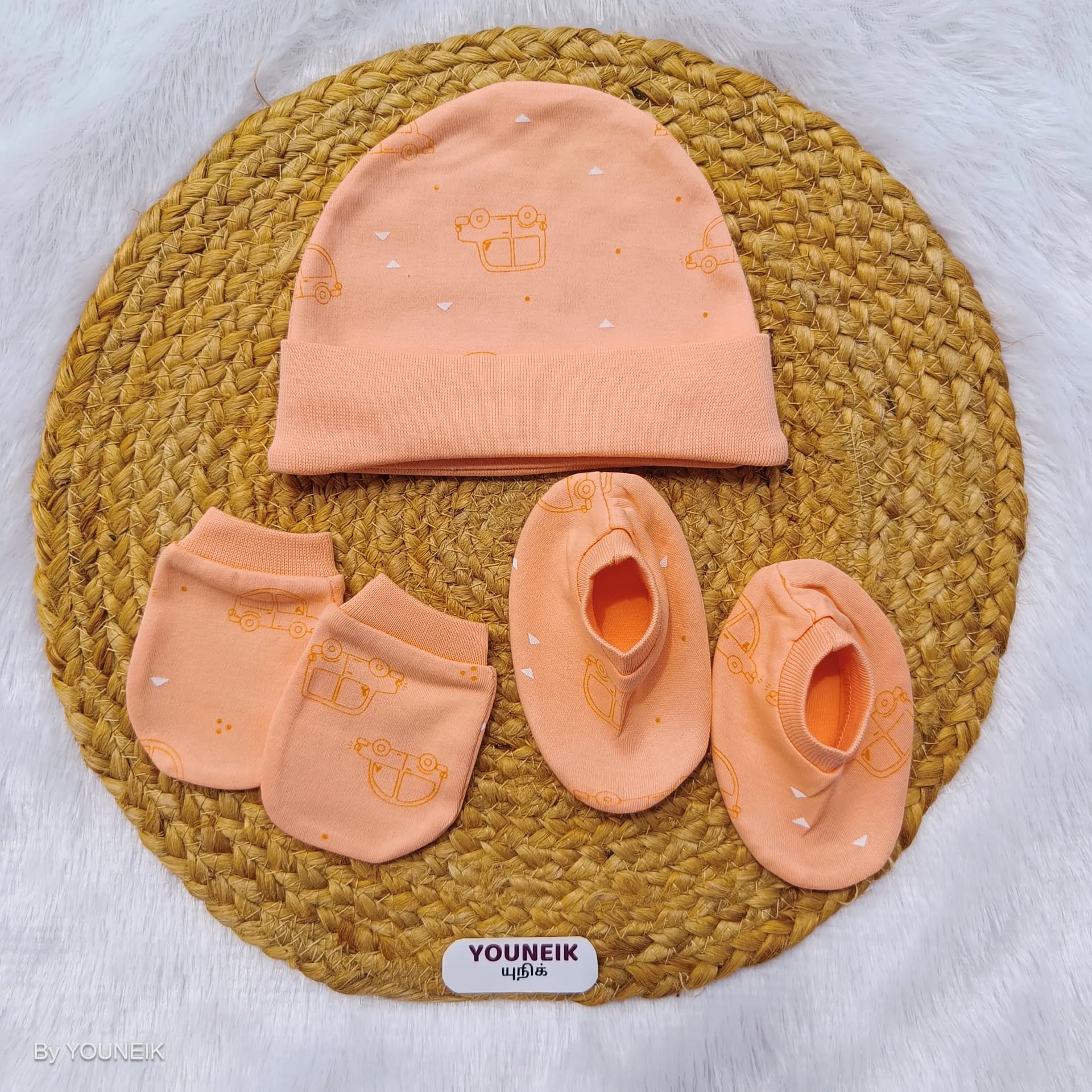 Cotton Cap Mittens Booties 0-3m |  Orange Car