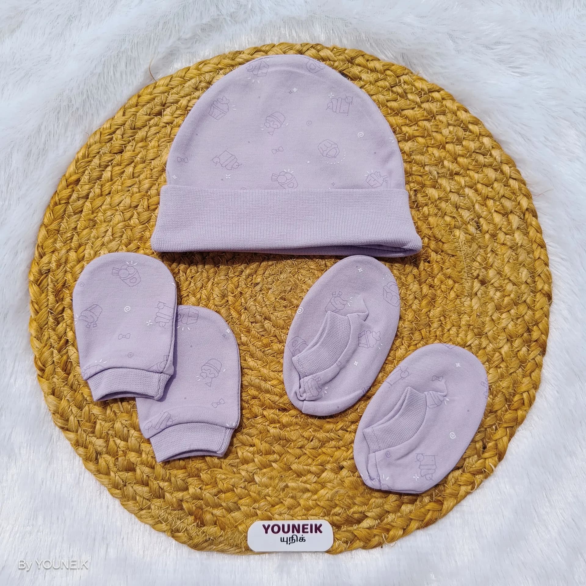 Cotton Cap Mittens Booties 0-3m |  Purple Cup Cake