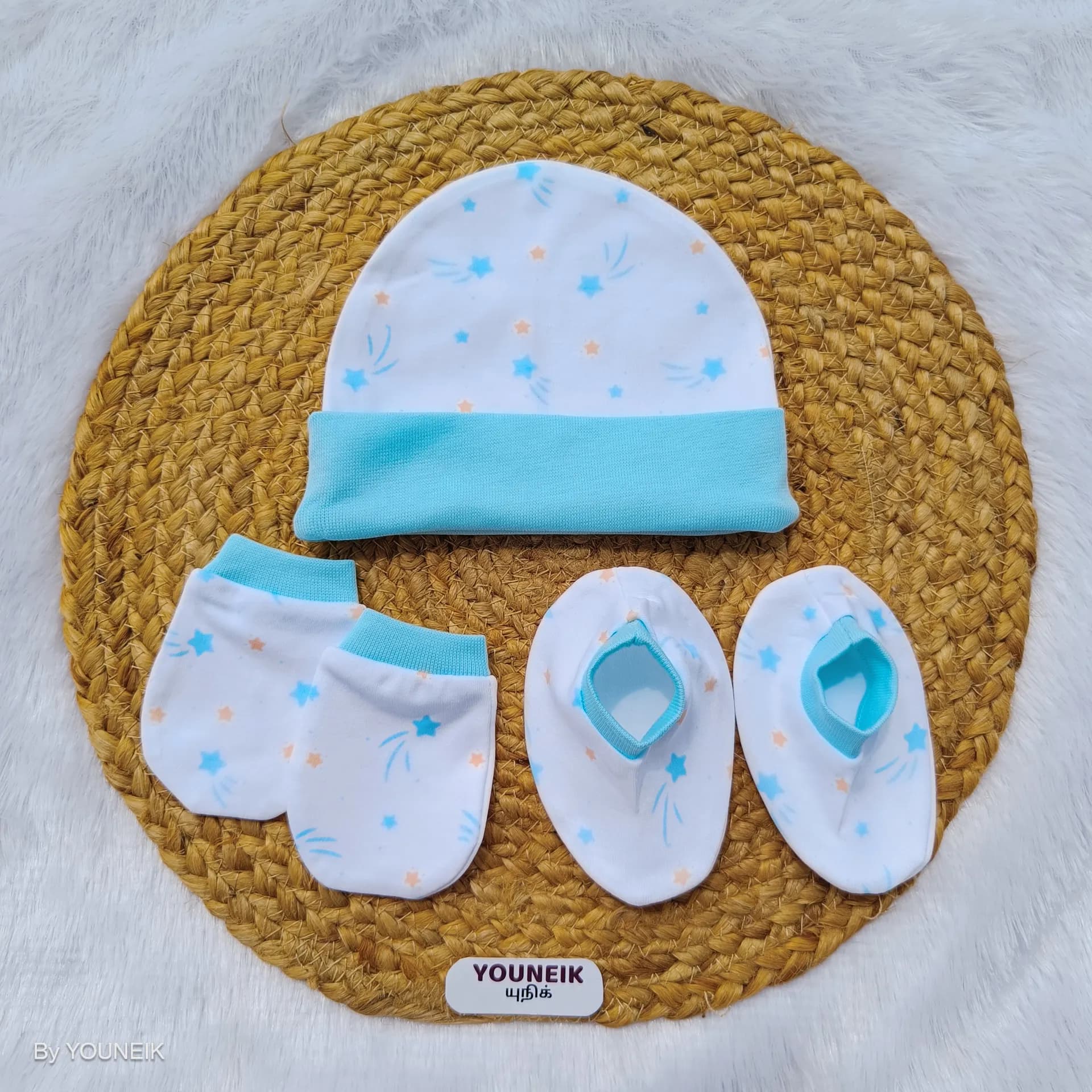 Cotton Cap Mittens Booties 0-3m |  White Blue Star