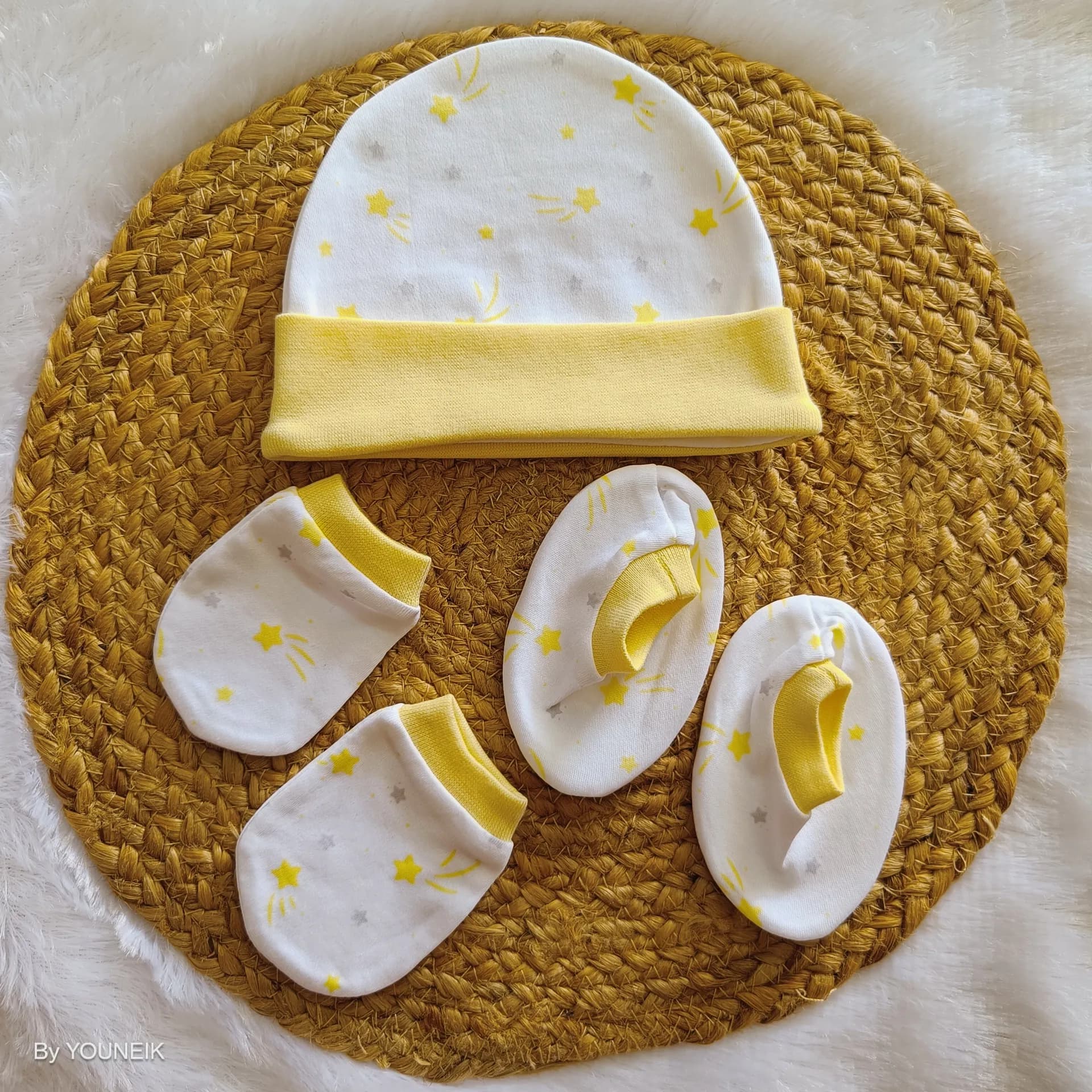Cotton Cap Mittens Booties 0-3m |  White Yellow Star