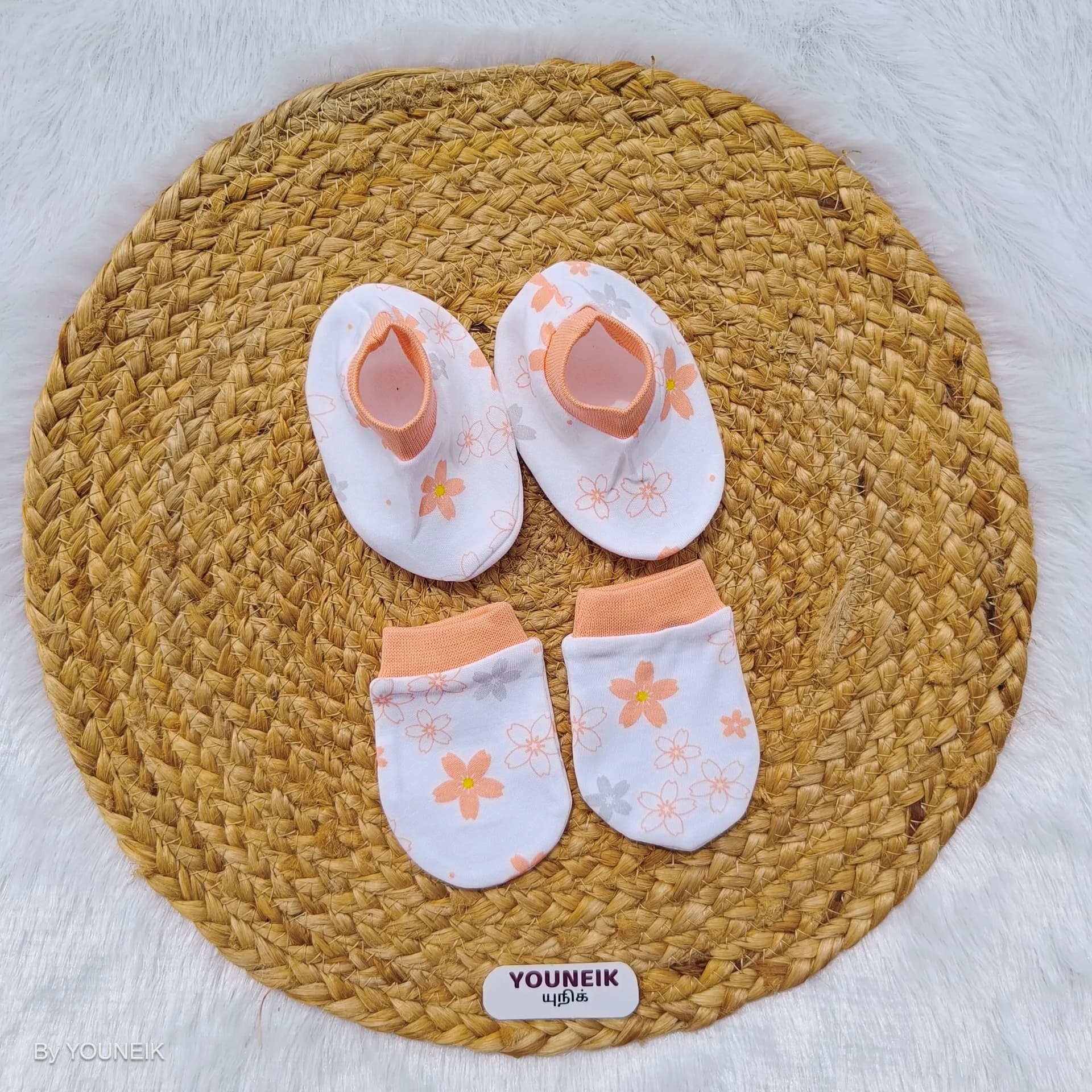 Cotton Mittens Booties 0-3m | Orange White Flower