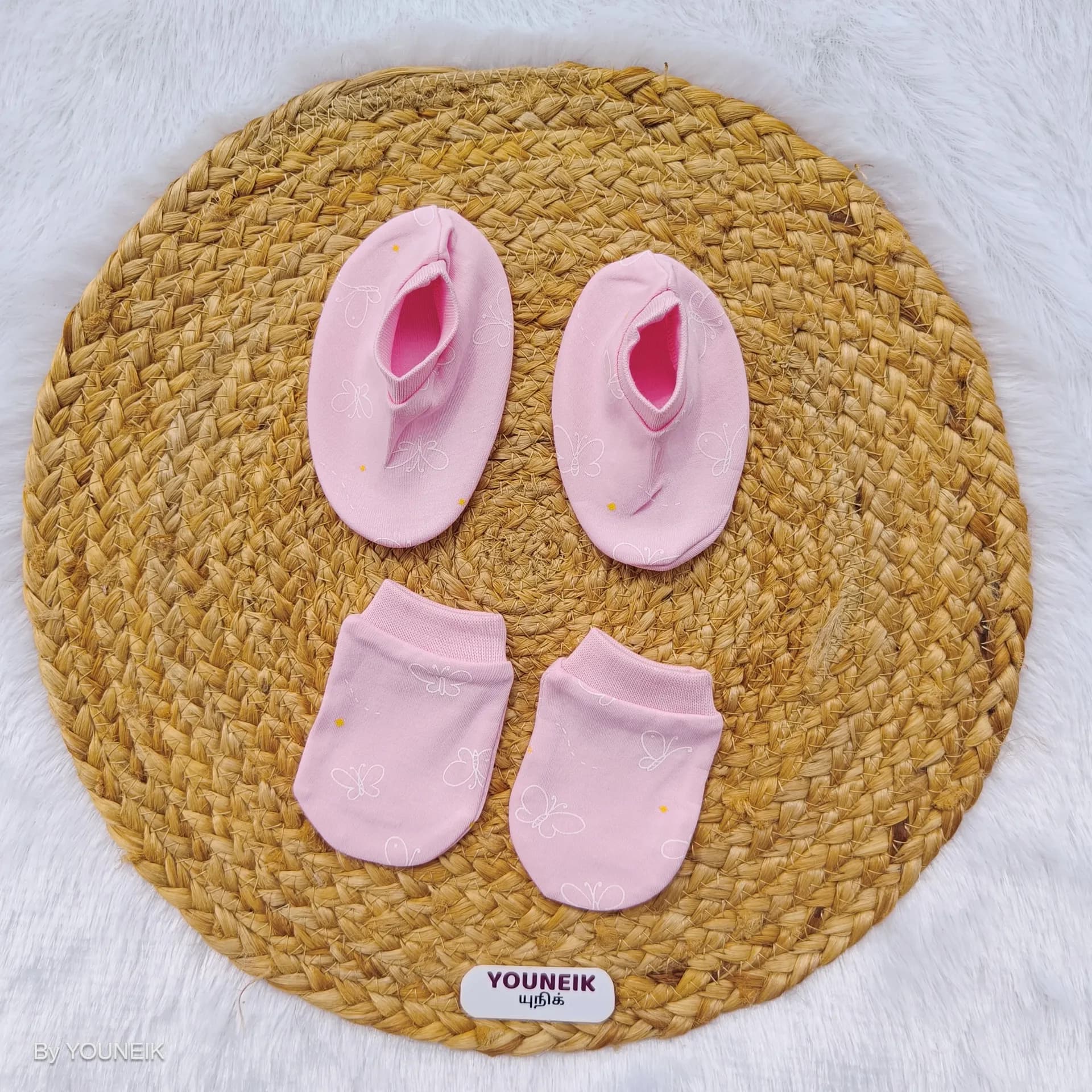 Cotton Mittens Booties 0-3m | Pink Butterfly 