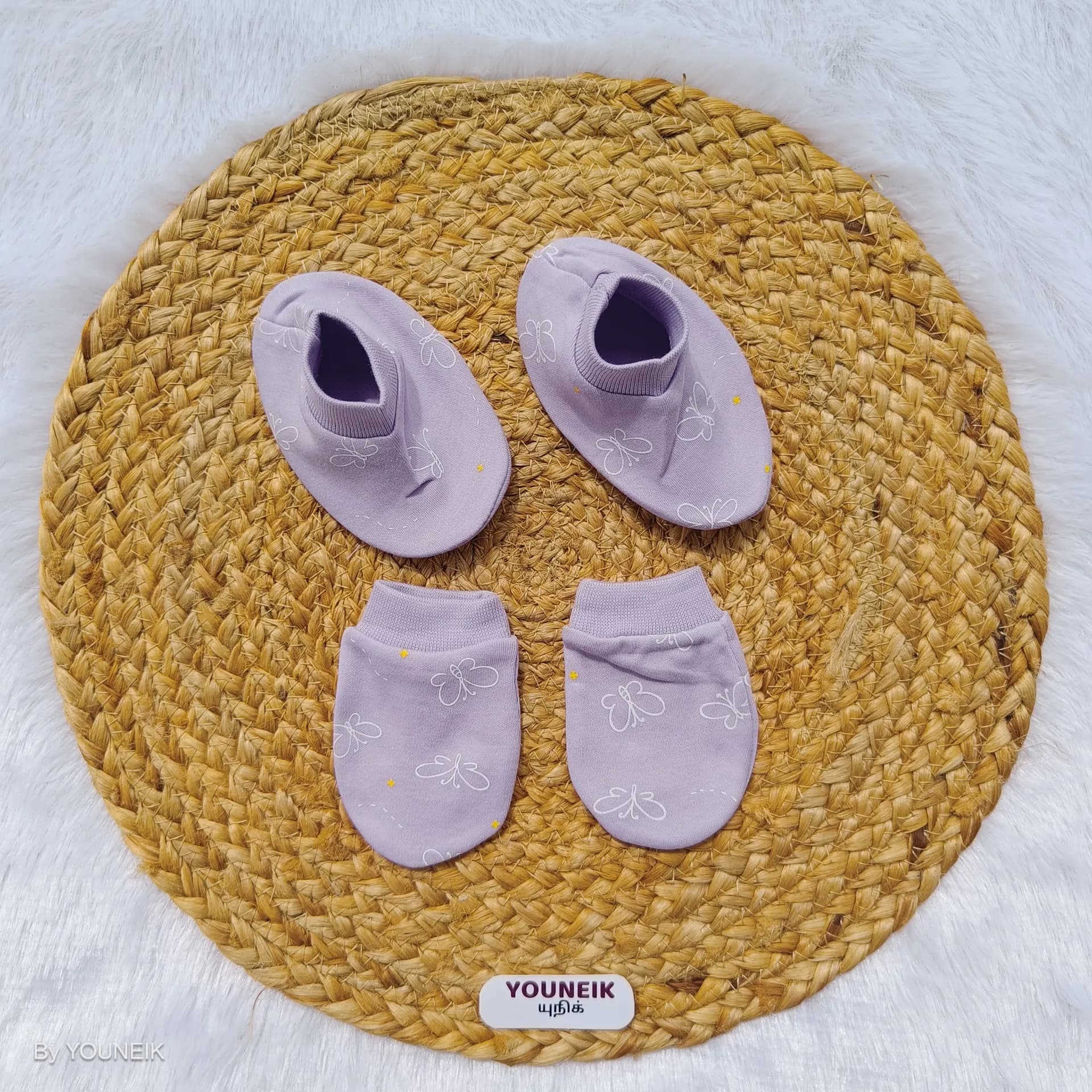 Cotton Mittens Booties 0-3m | Purple Butterfly