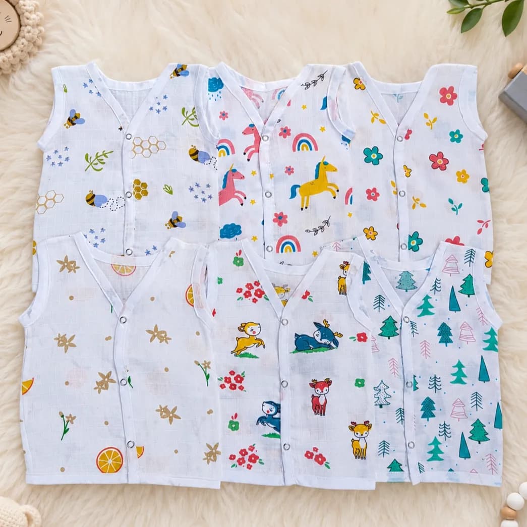 Muslin Jabla Combo Pack of 6 (0–3 Months) | Soft Sleeveless Front Vest