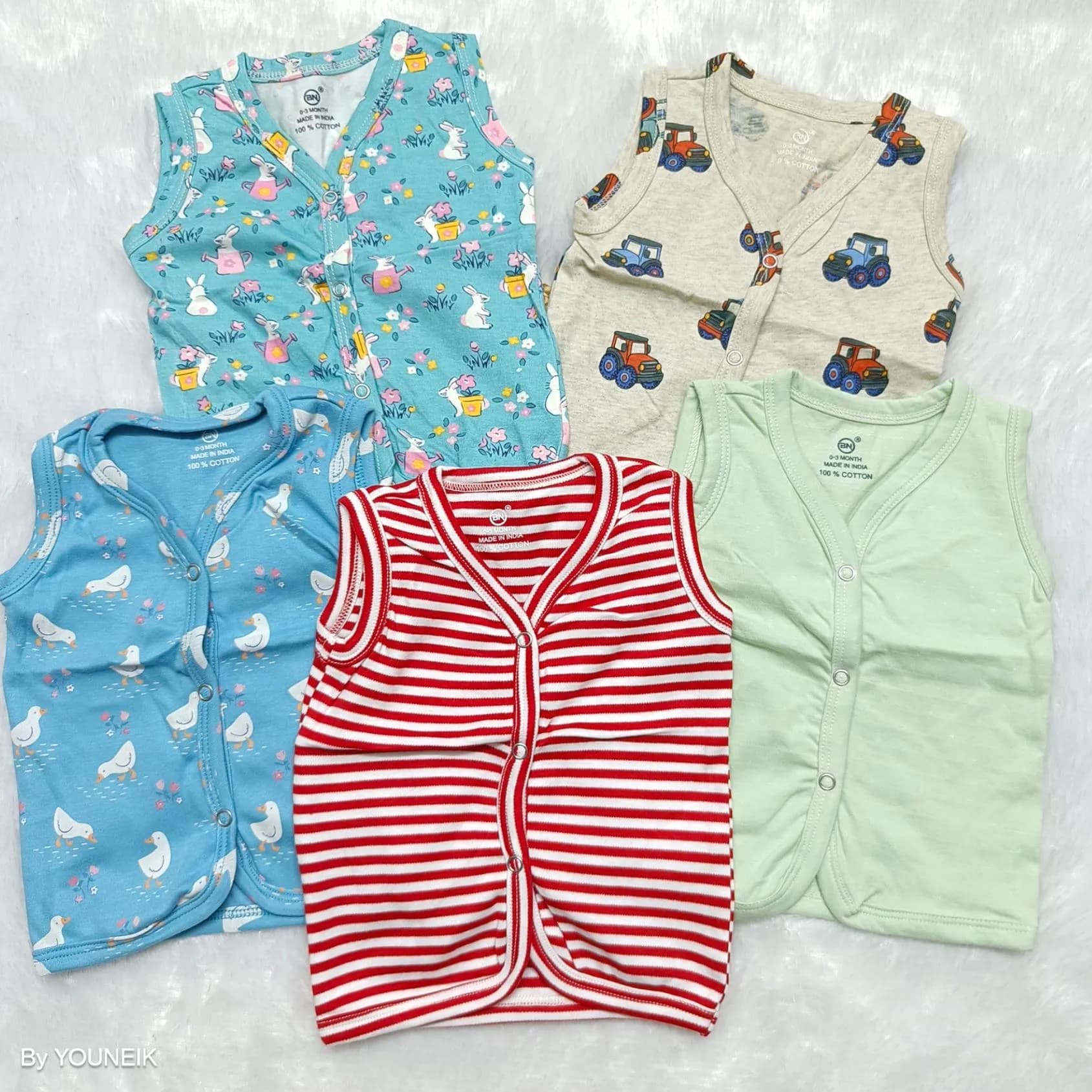 Knitted Cotton Printed Baby Jabla 5 Pieces | Sleeveless Front Open | 100% Cotton | Baniyan Cloth 