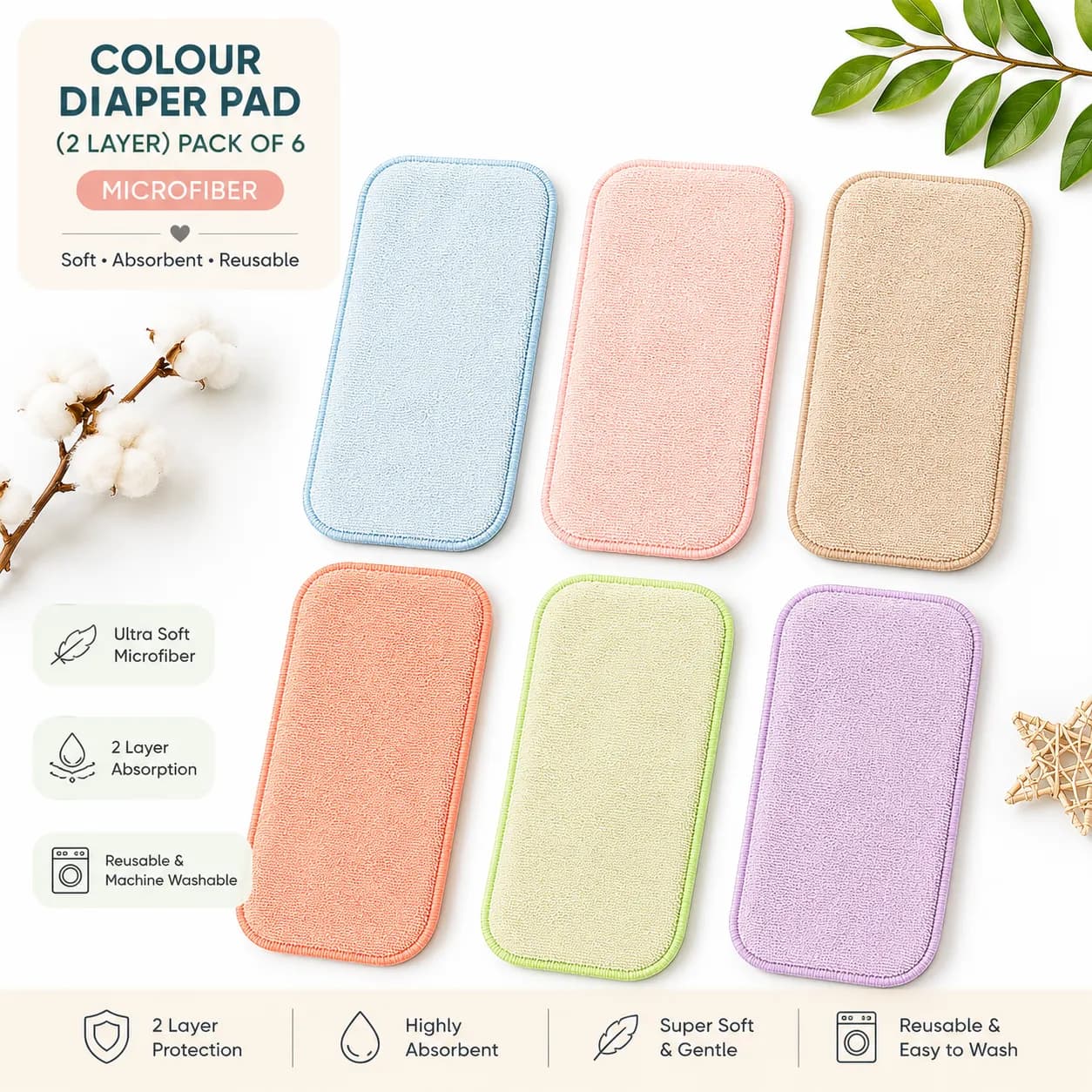 Baby Cloth Diaper Liners | Soft Microfiber Inserts | Washable & Reusable | Pack of 6
