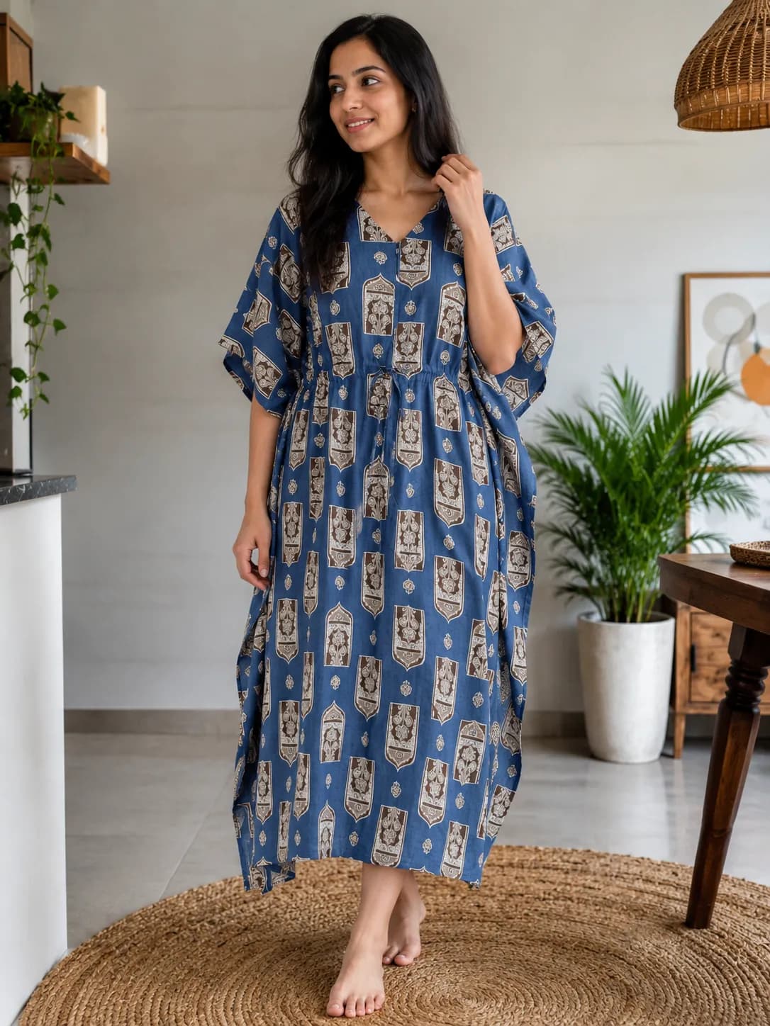 Cotton Feeding Kaftan Gown | Maternity & Nursing Dress | Navy Blue 
