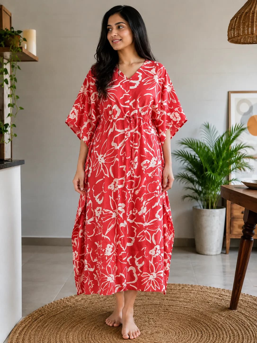 Cotton Feeding Kaftan Gown | Maternity & Nursing Dress | Red Floral