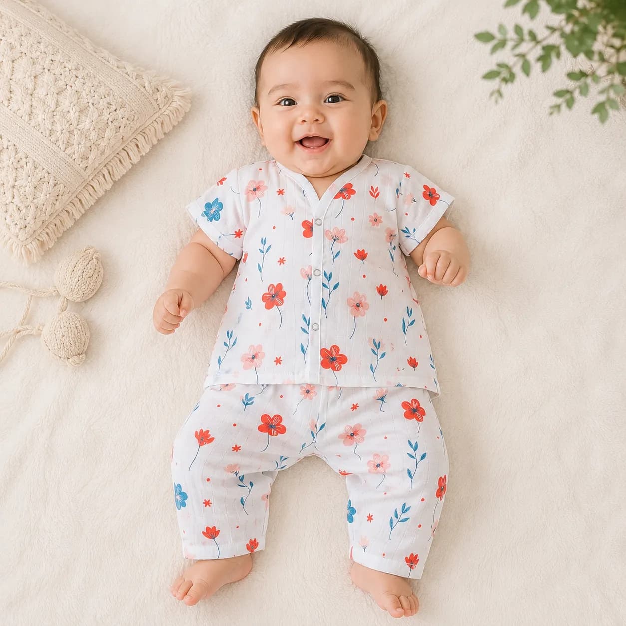0-3m Muslin Cotton Half Sleeve Pyjama Set | Soft & Breathable