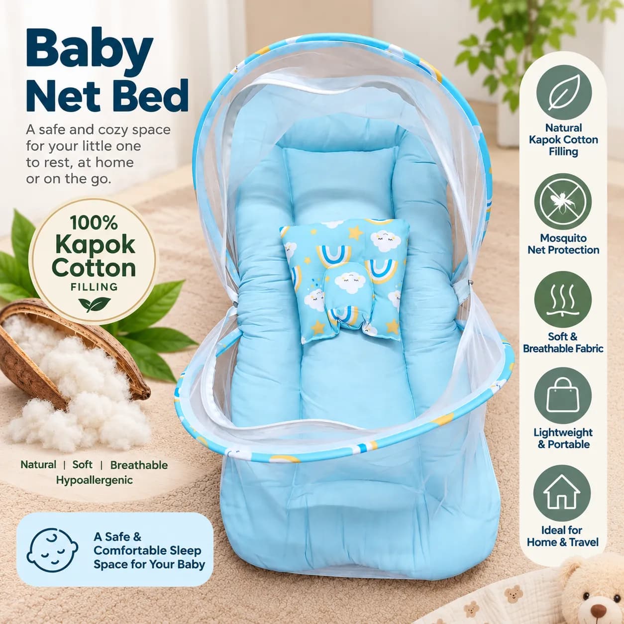 Baby Net Bed with Kapok Filling | 100% ilavampanju Filling | Blue Rainbow