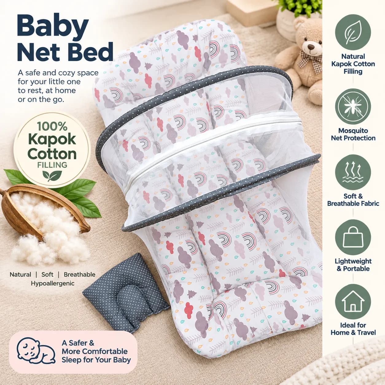 Baby Net Bed with Kapok Filling | 100% ilavampanju Filling | Grey White
