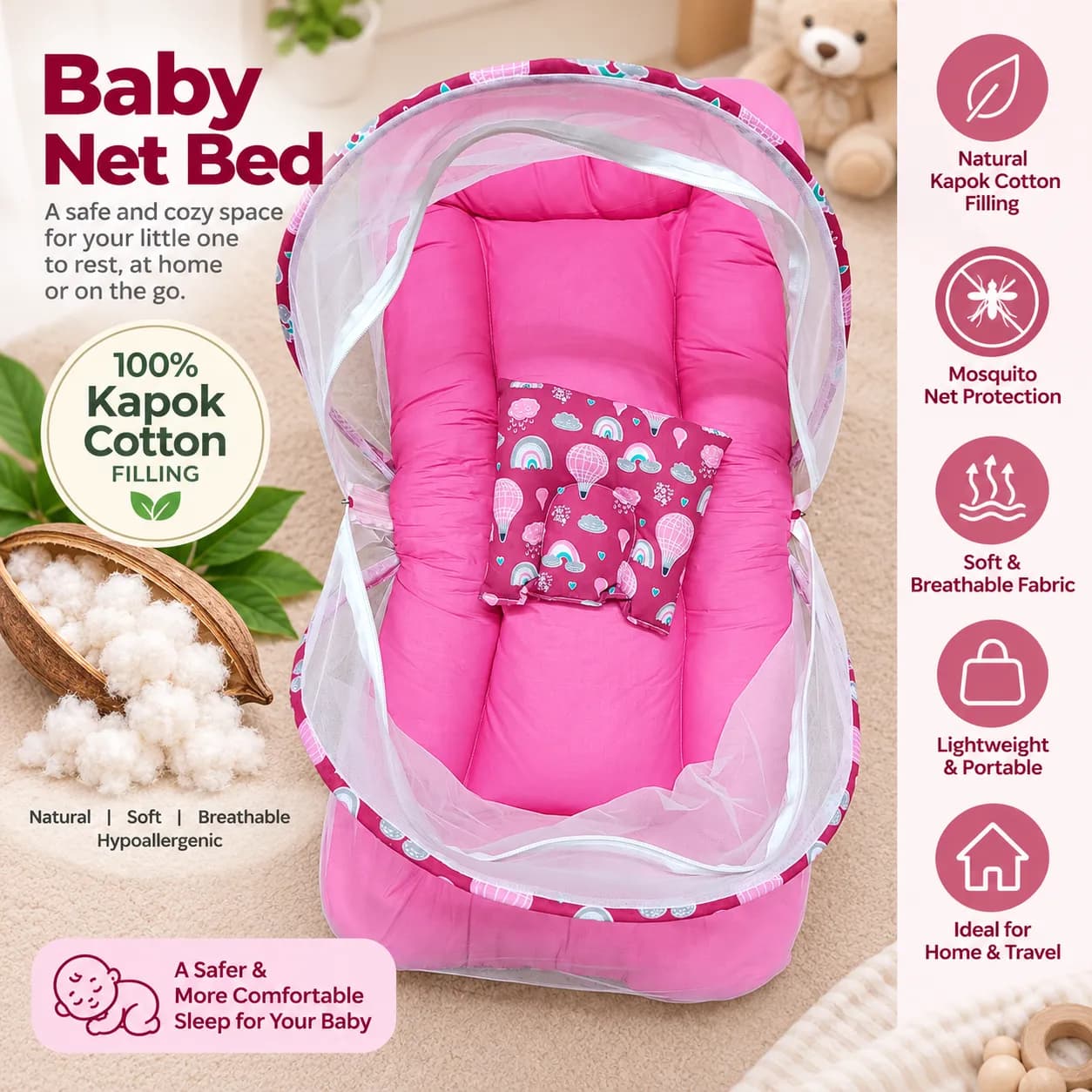 Baby Net Bed with Kapok Filling | 100% ilavampanju Filling | Magenta