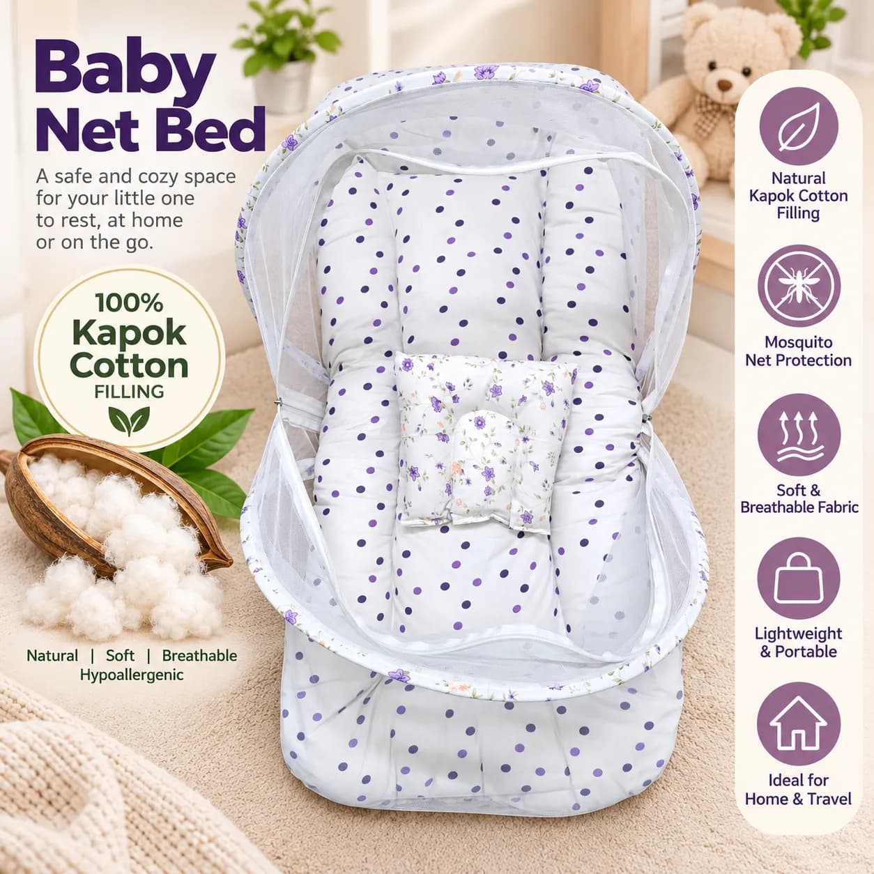 Baby Net Bed with Kapok Filling | 100% ilavampanju Filling | White Flower
