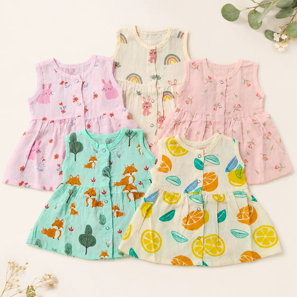 0-3m Muslin Cotton Baby Frock 5-Piece Combo | Solid Colour Printed | 0–3 Months