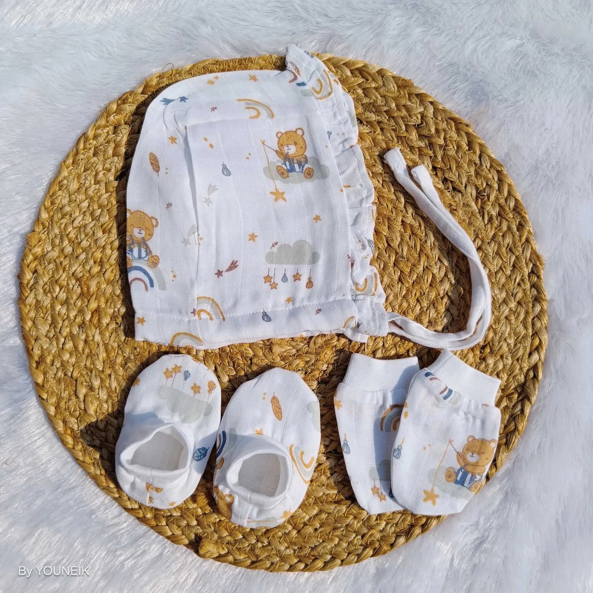Muslin Frill Cap Mittens Booties 