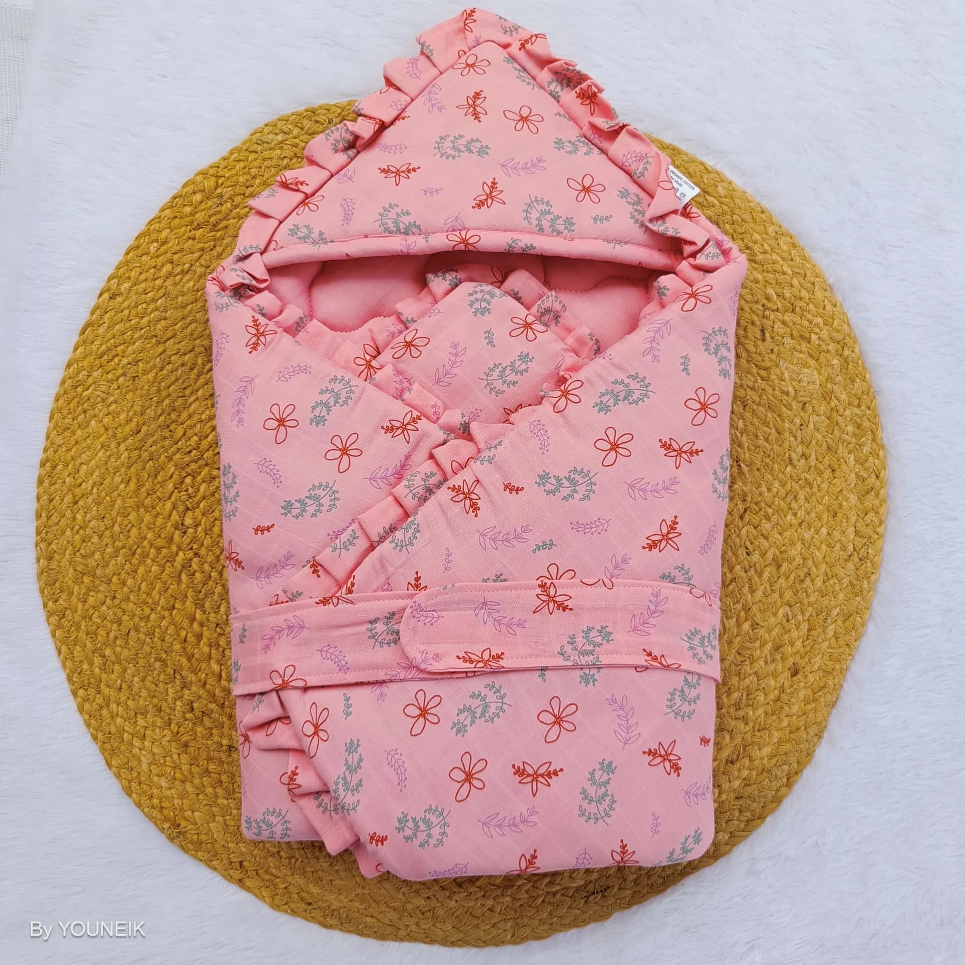 100% Organic Muslin Cotton Baby Wrap Bed with Hood & Belt | Pink Flowers