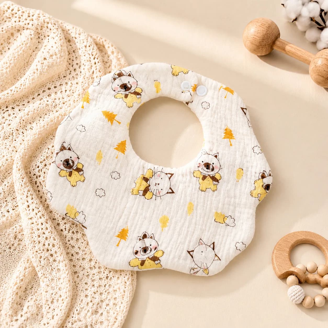 6 Layer Muslin Baby Bib | Flower Shape Printed Bibs | Soft & Absorbent 