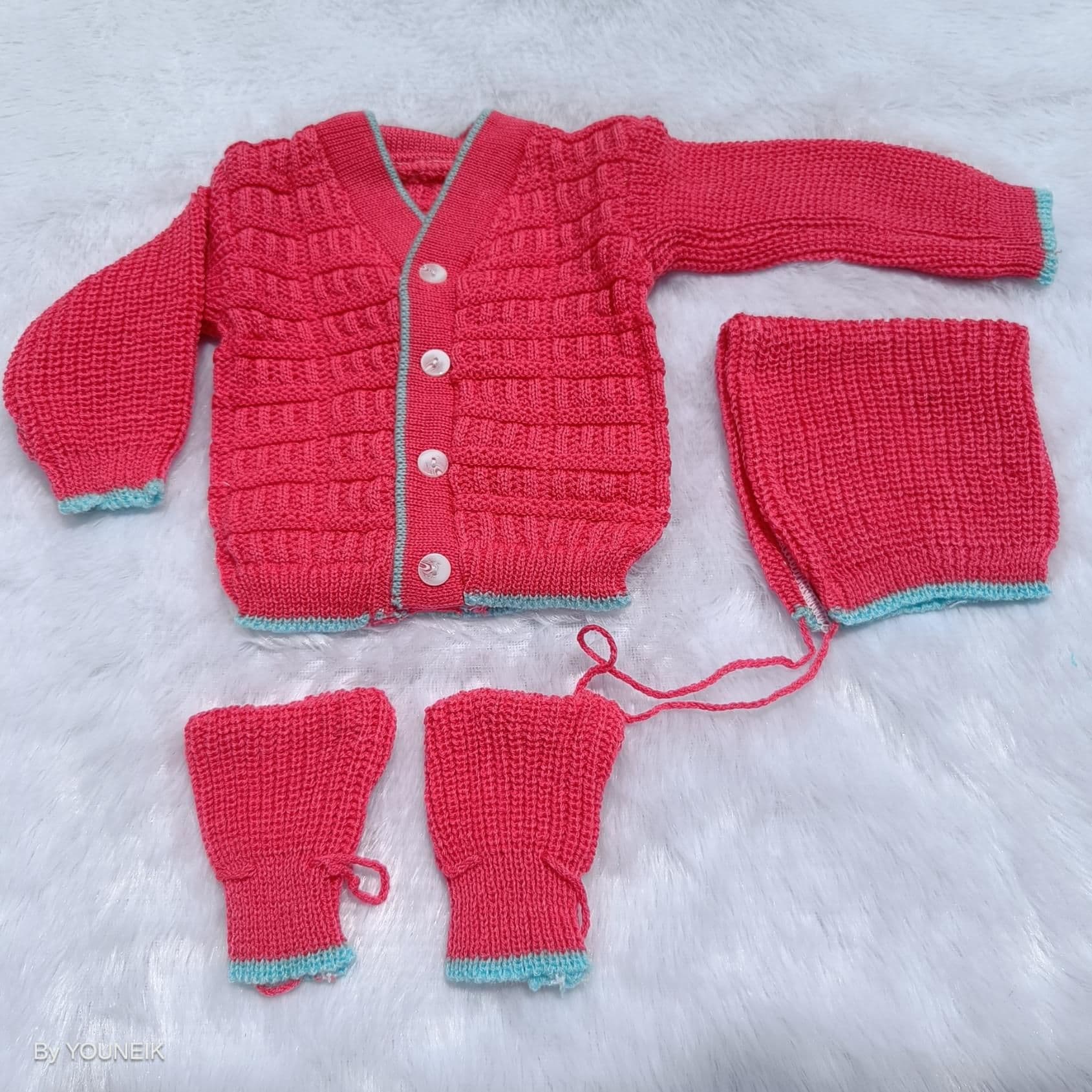 0-3m Woolen Sweater - Rani Pink | Blue Border
