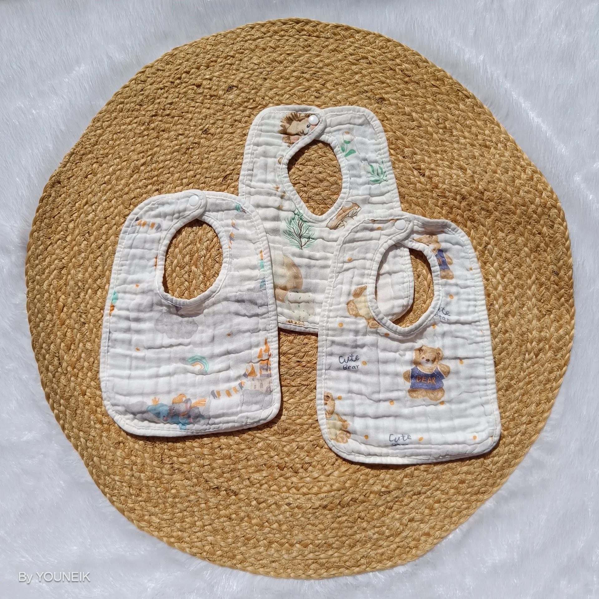 6 Layer Muslin Bibs White Printed 3 Pieces