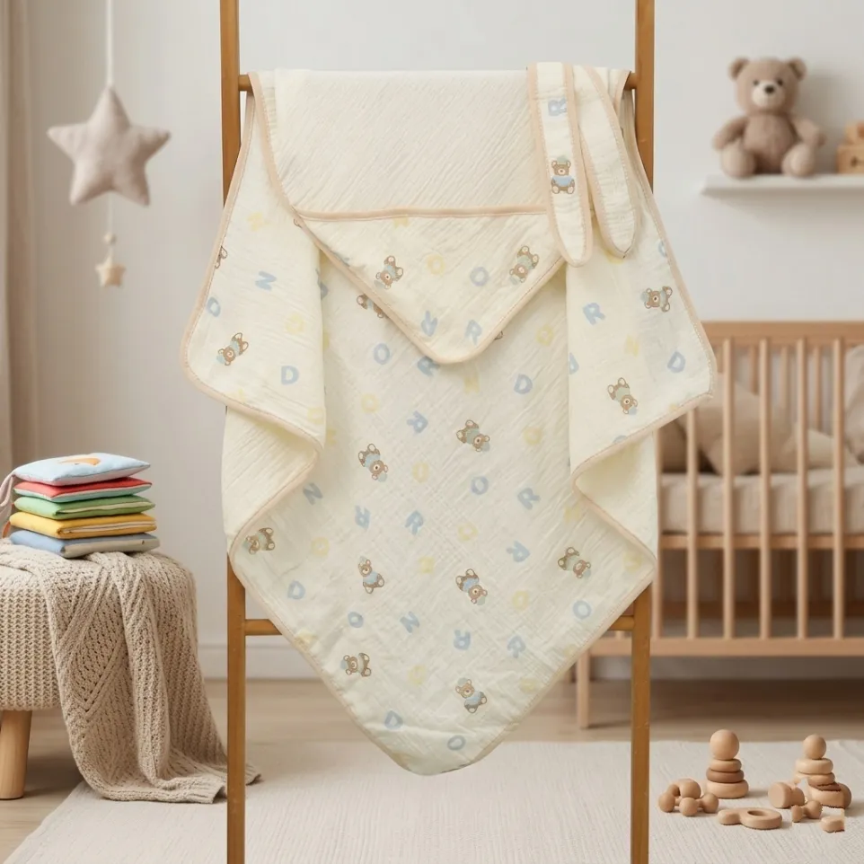 Ivory Muslin Hooded Blanket with Belt 80*80cm