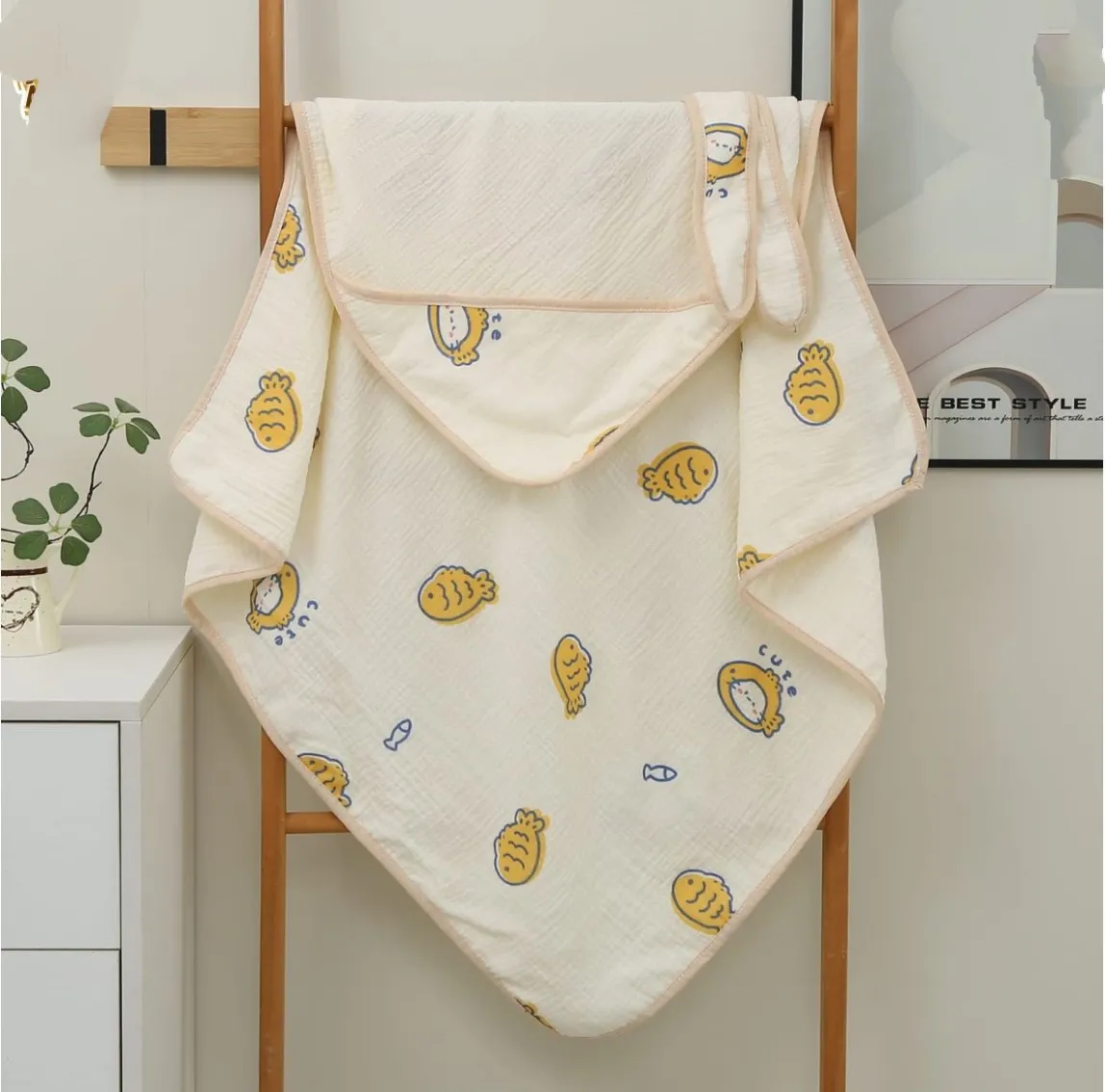 Ivory Muslin Hooded Blanket with Belt 80*80cm