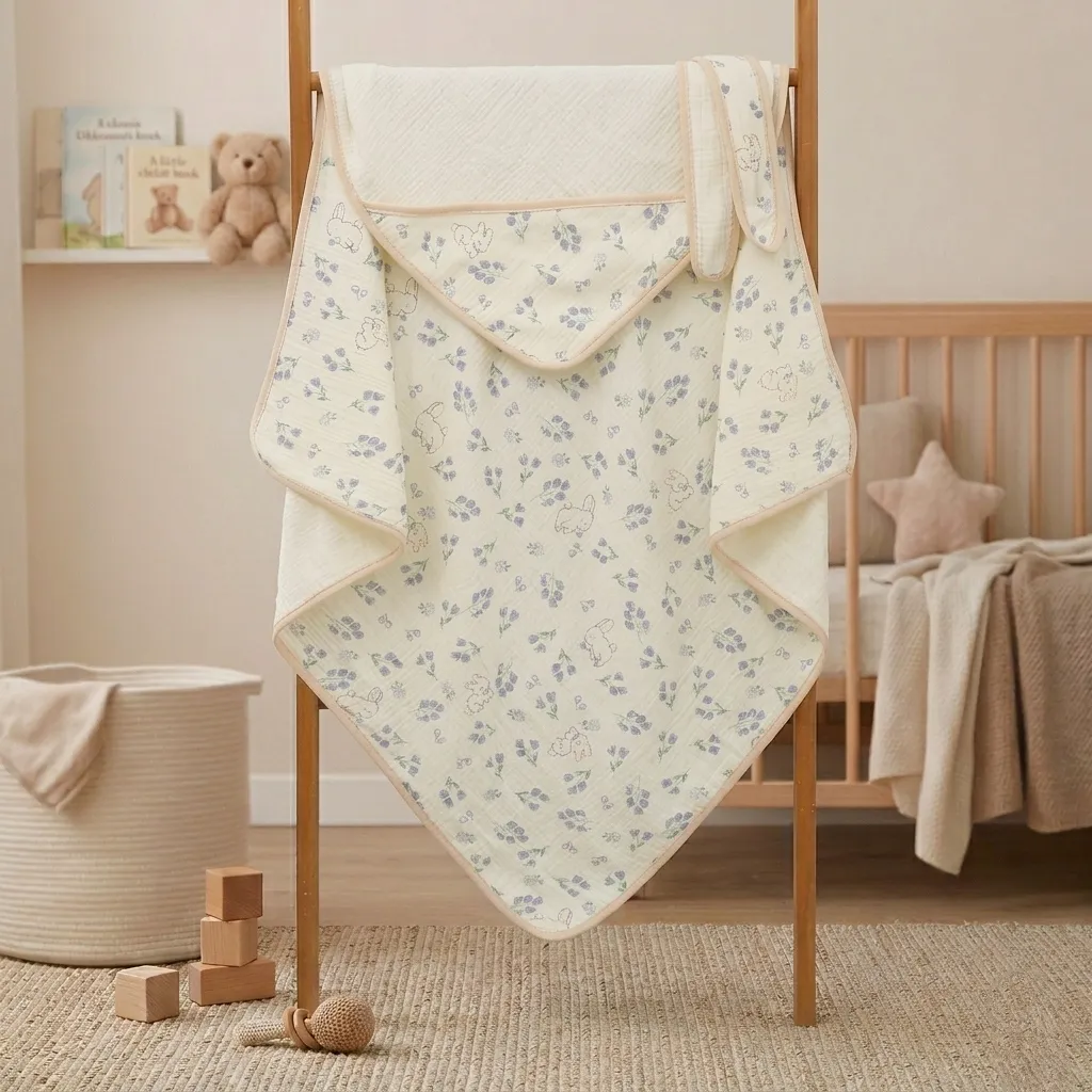 Ivory Muslin Hooded Blanket with Belt 80*80cm