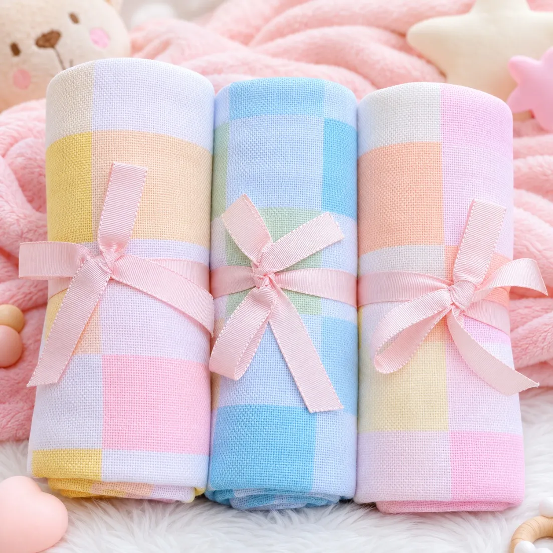 3 Pieces Organic Muslin Bath Towel | 70*140 cm Checked