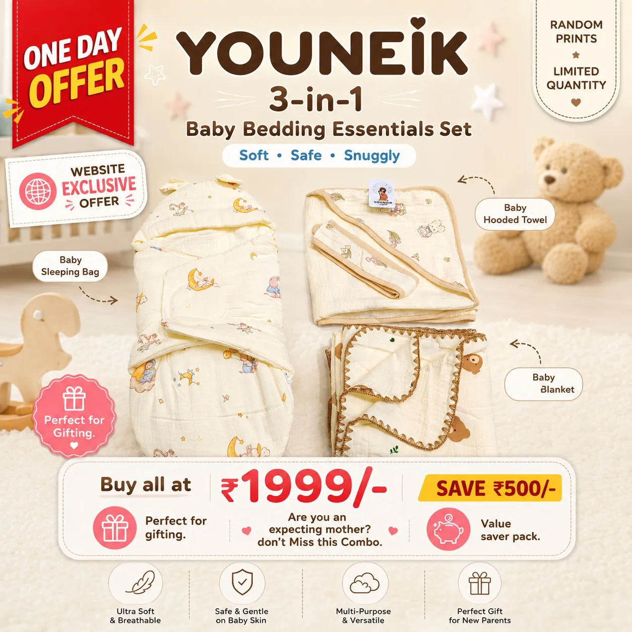 3 in 1 Baby Bedding Combo | Value Saver Pack | 0-6m