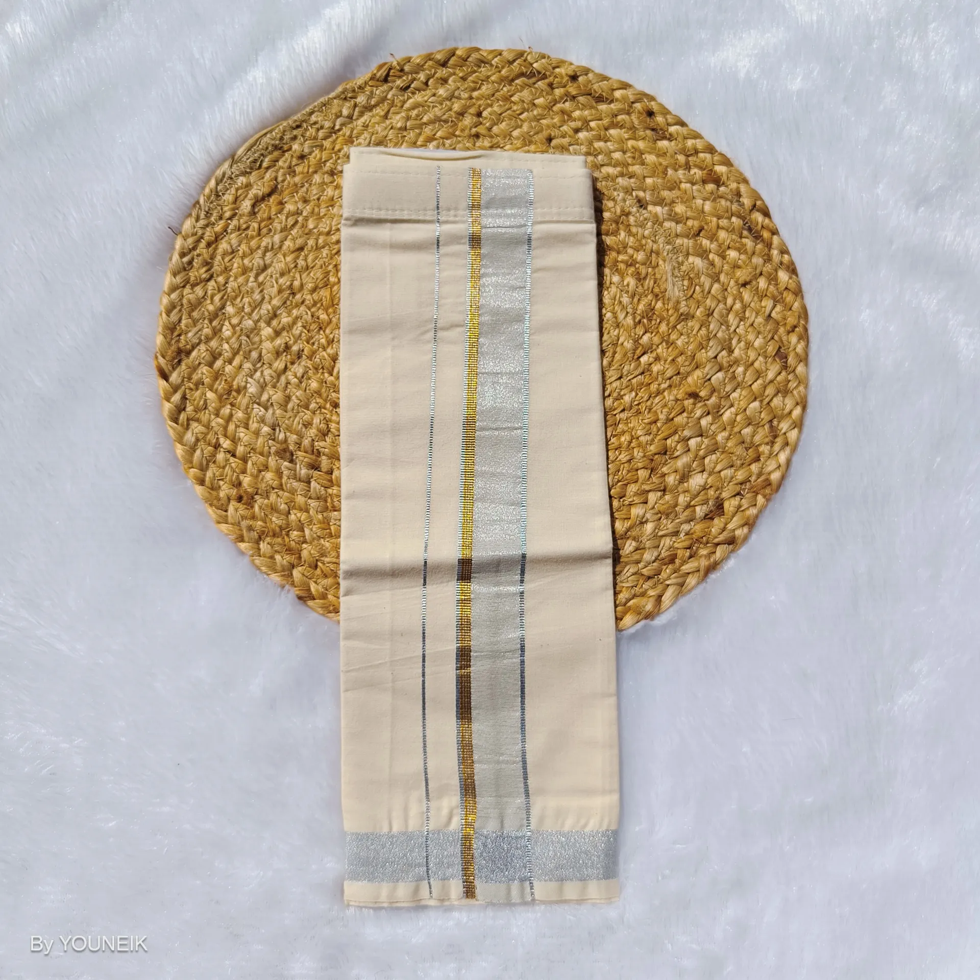 Baby velcro Dhothi | Vesti | Mundu | Ivory Gold Silver Boarder