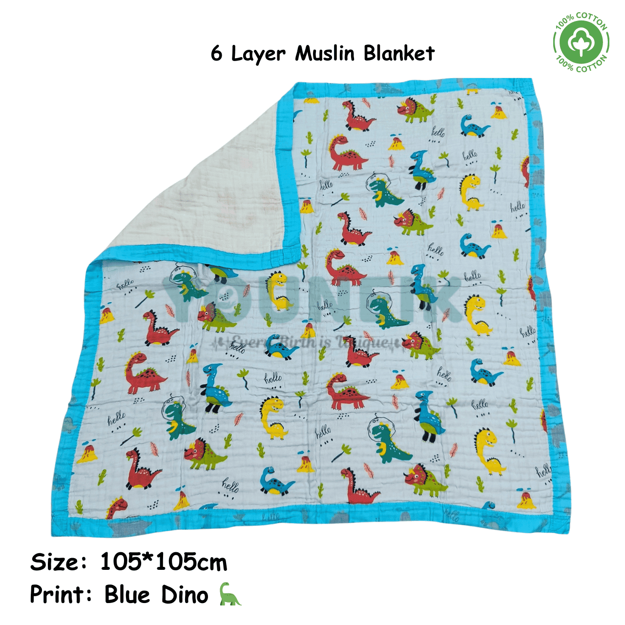 6Layer Muslin Blanket 105*105cm -Blue Dino