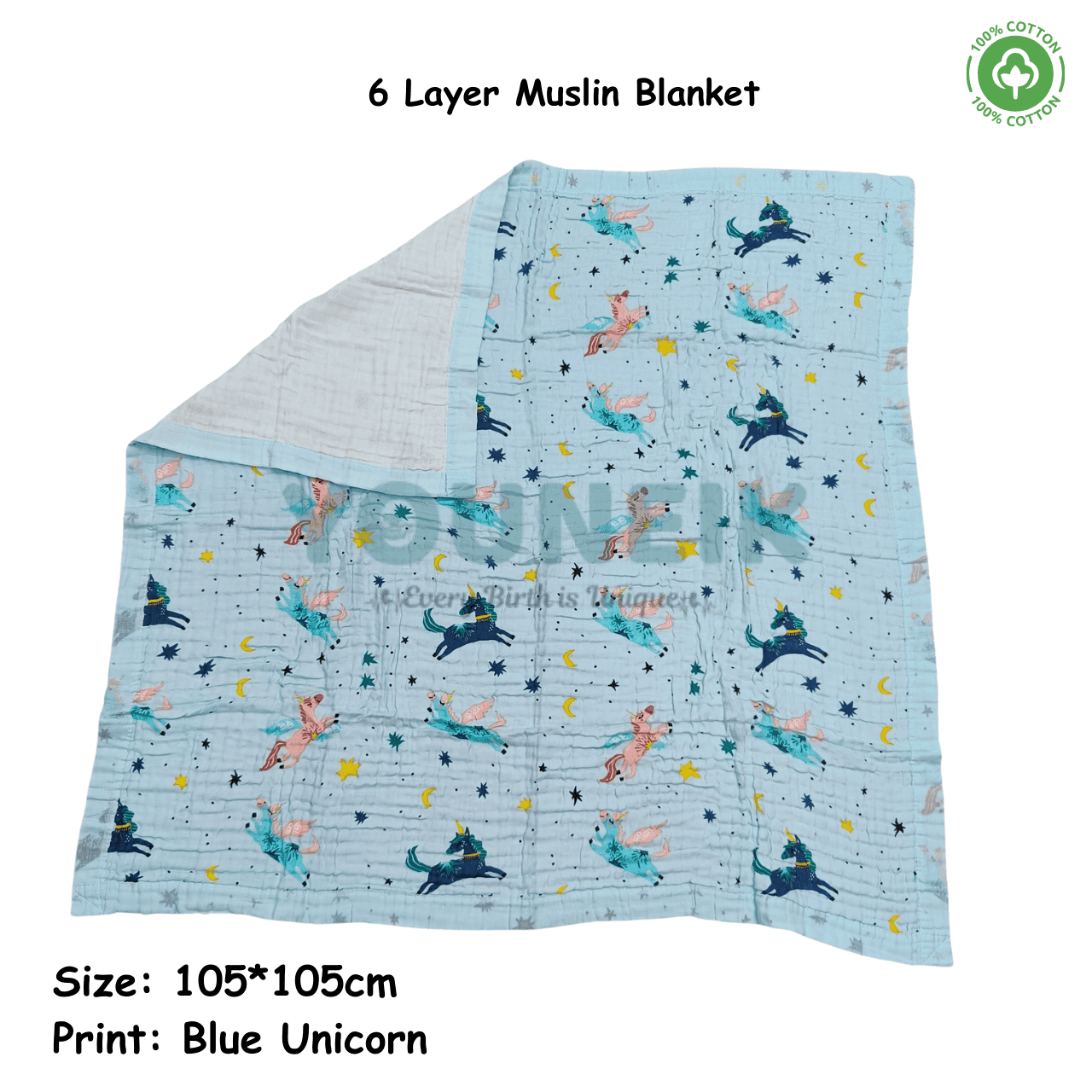 6Layer Muslin Blanket 105*105cm - Blue Unicorn