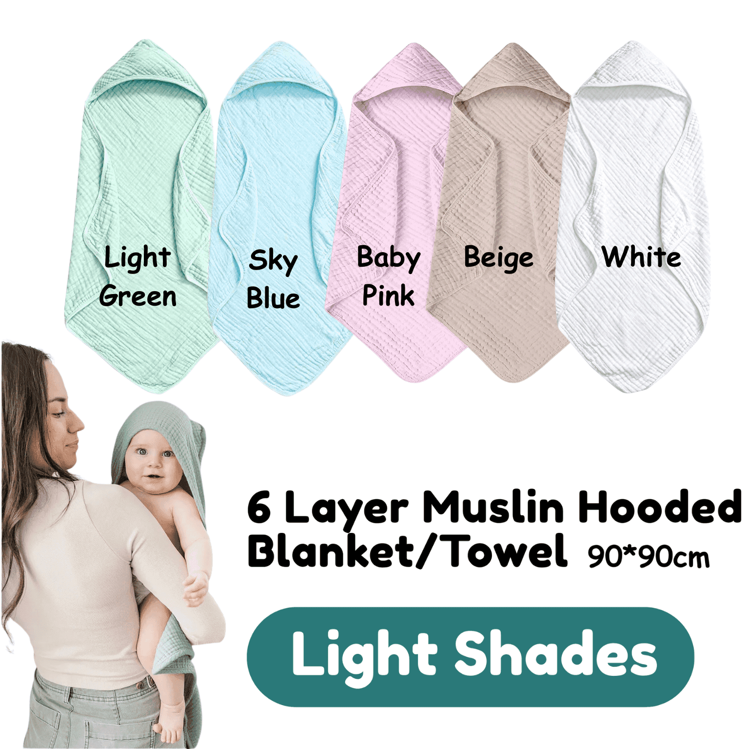6 Layer Hooded Muslin Blanket/Towel 90*90cm | Light Shades