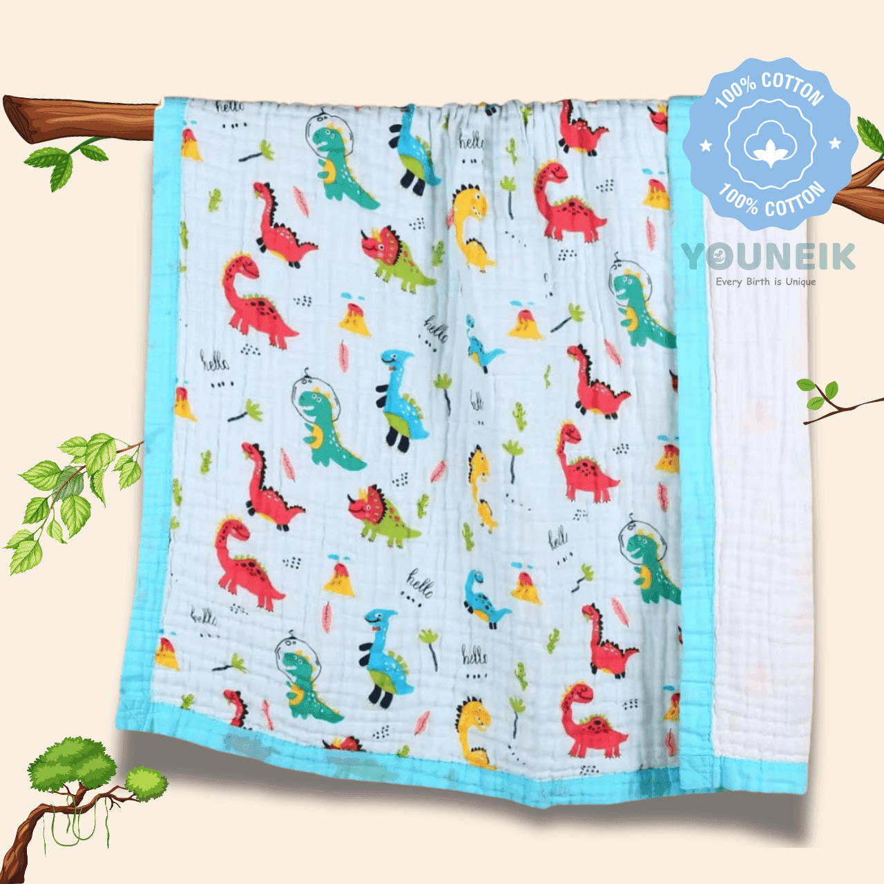 6Layer Muslin Blanket 105*105cm -Blue Dino