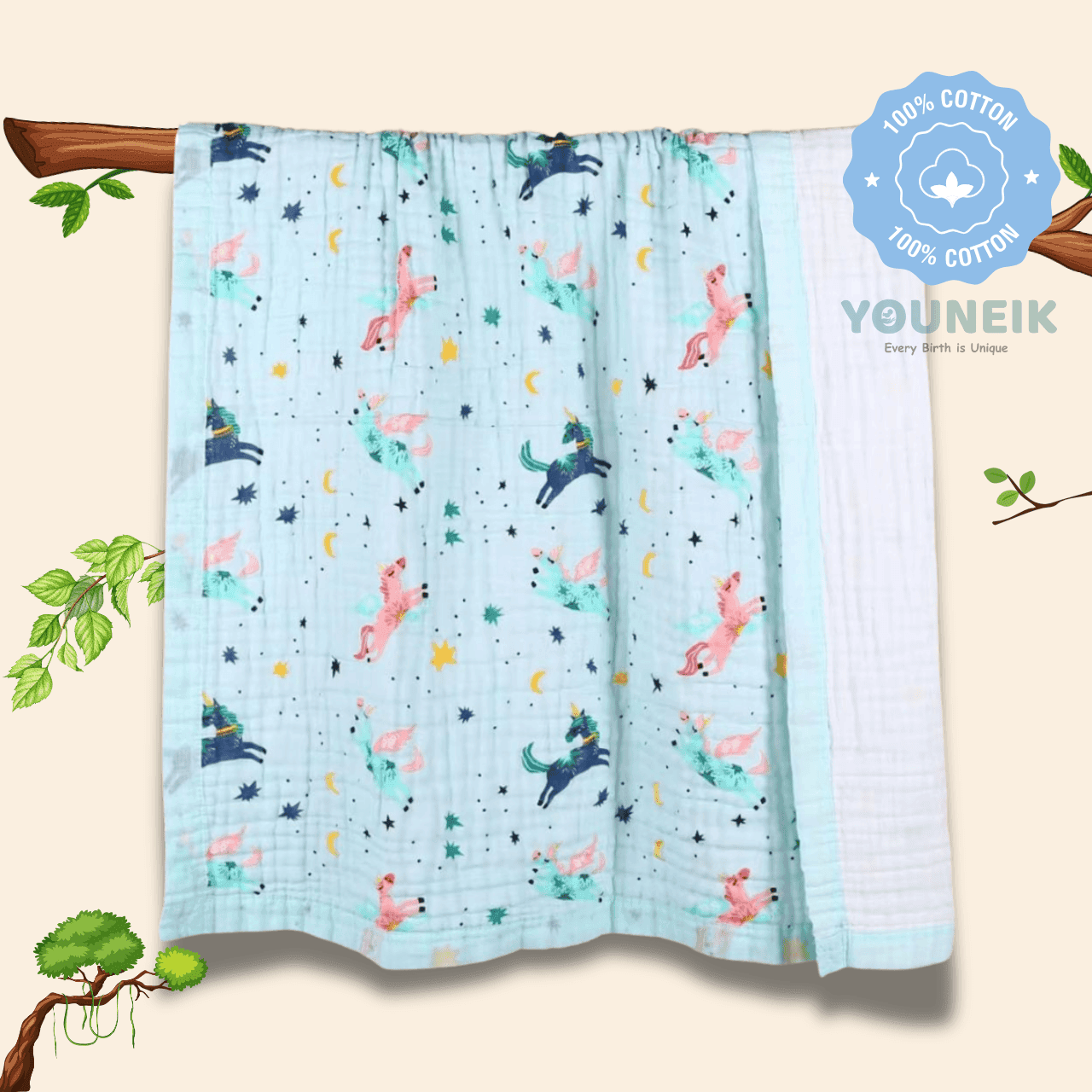 6Layer Muslin Blanket 105*105cm - Blue Unicorn